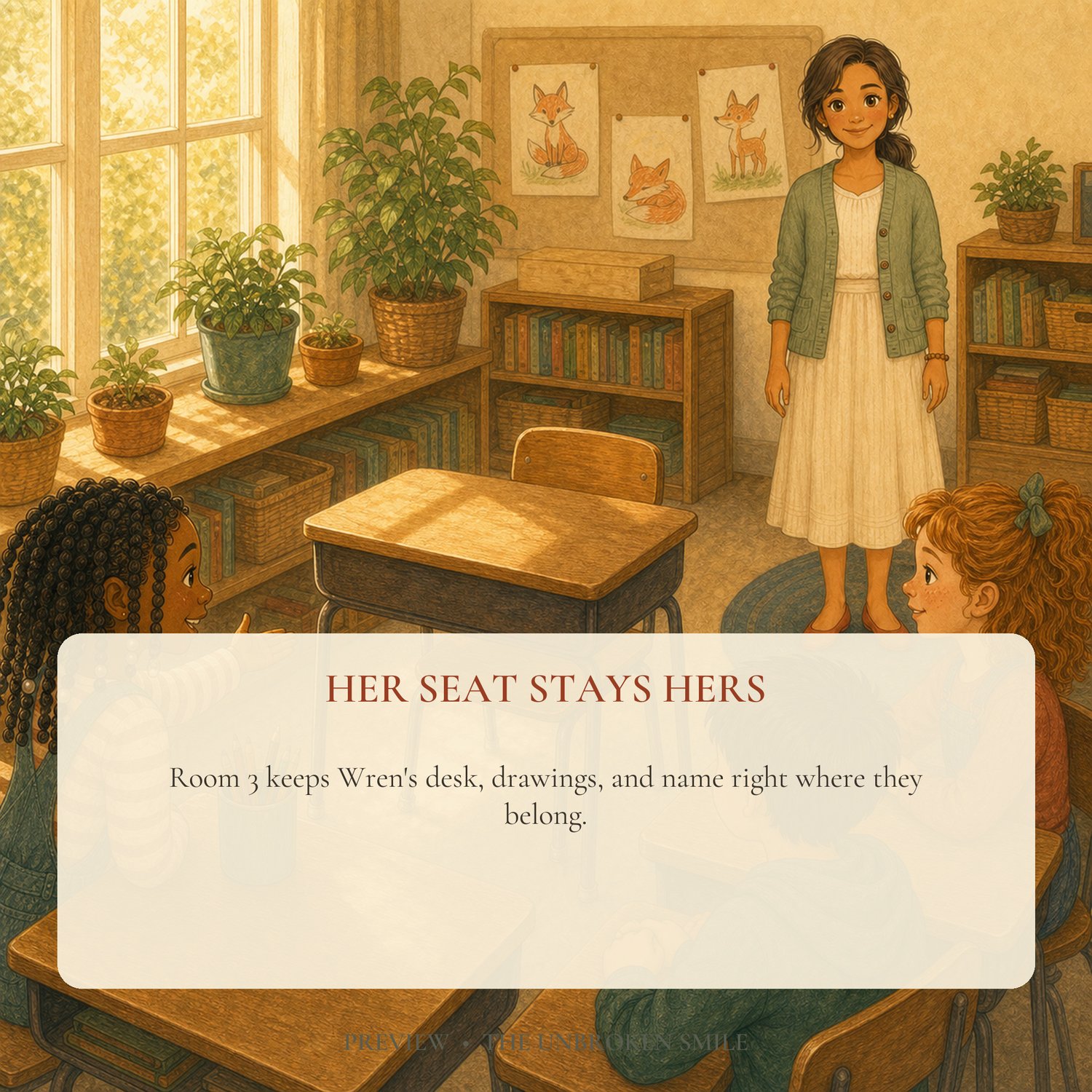Wren's classroom seat kept open while she is absent, showing that her place still belongs to her