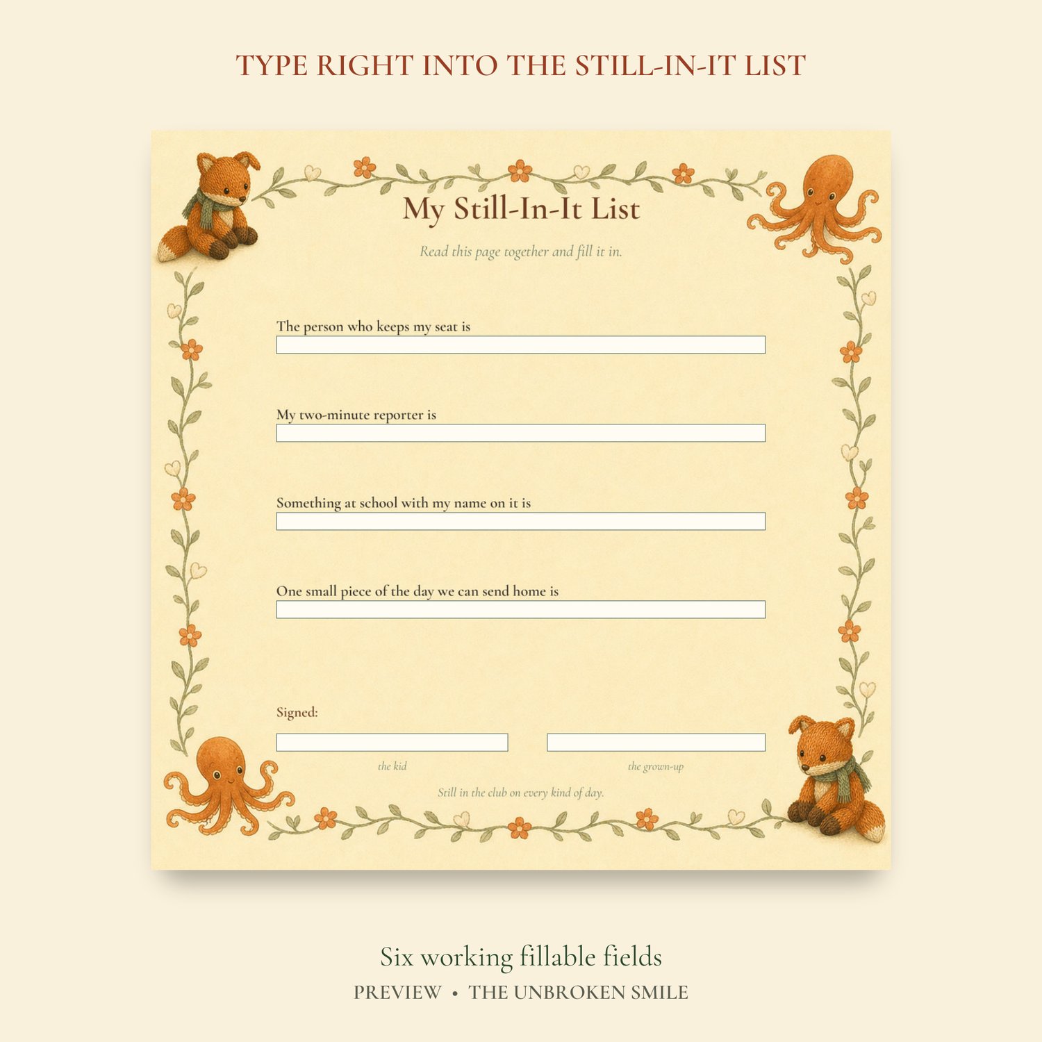 Fillable Still-In-It List with fields for a child's support people and school connections