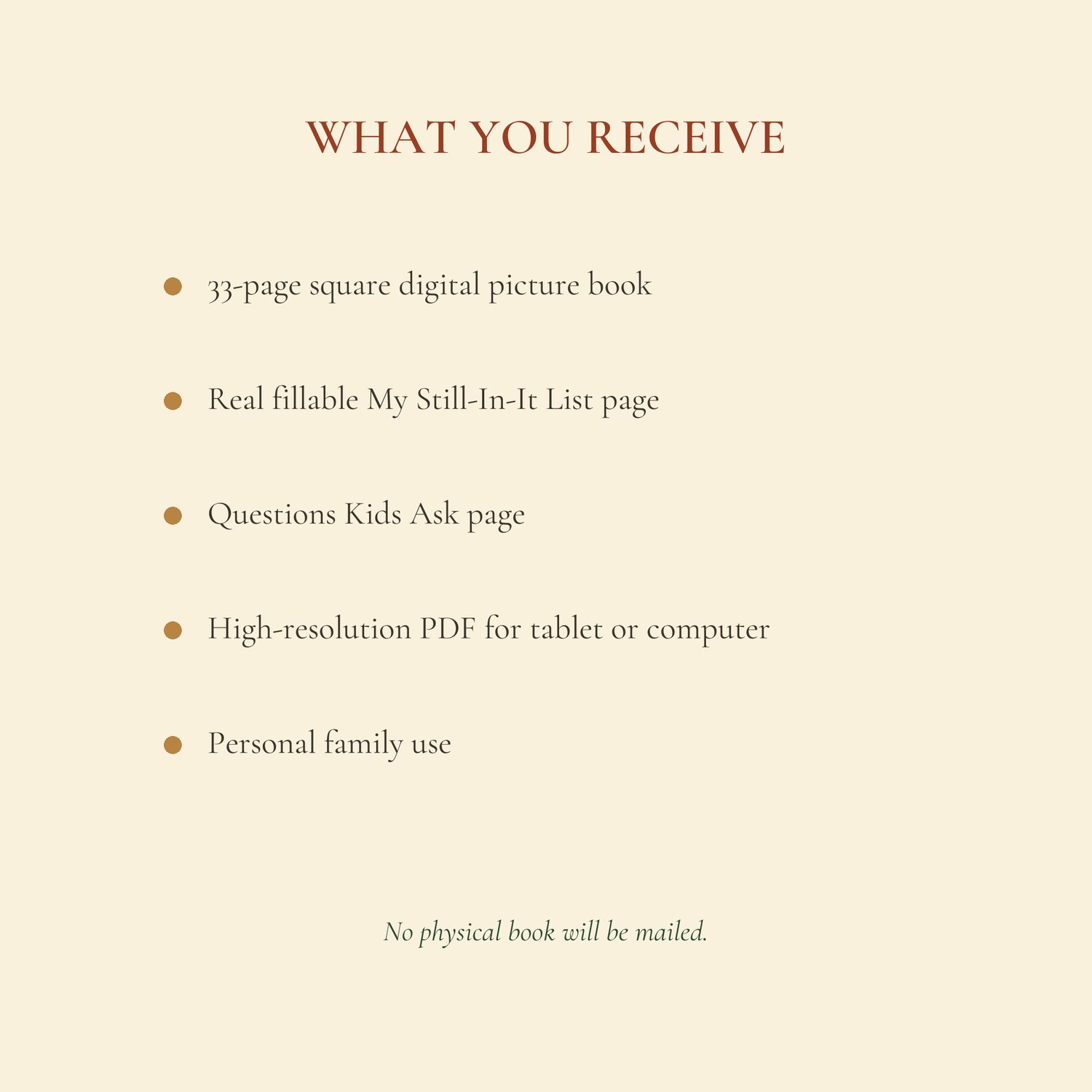 Product contents showing a 33-page digital story, questions for children, and a fillable activity page