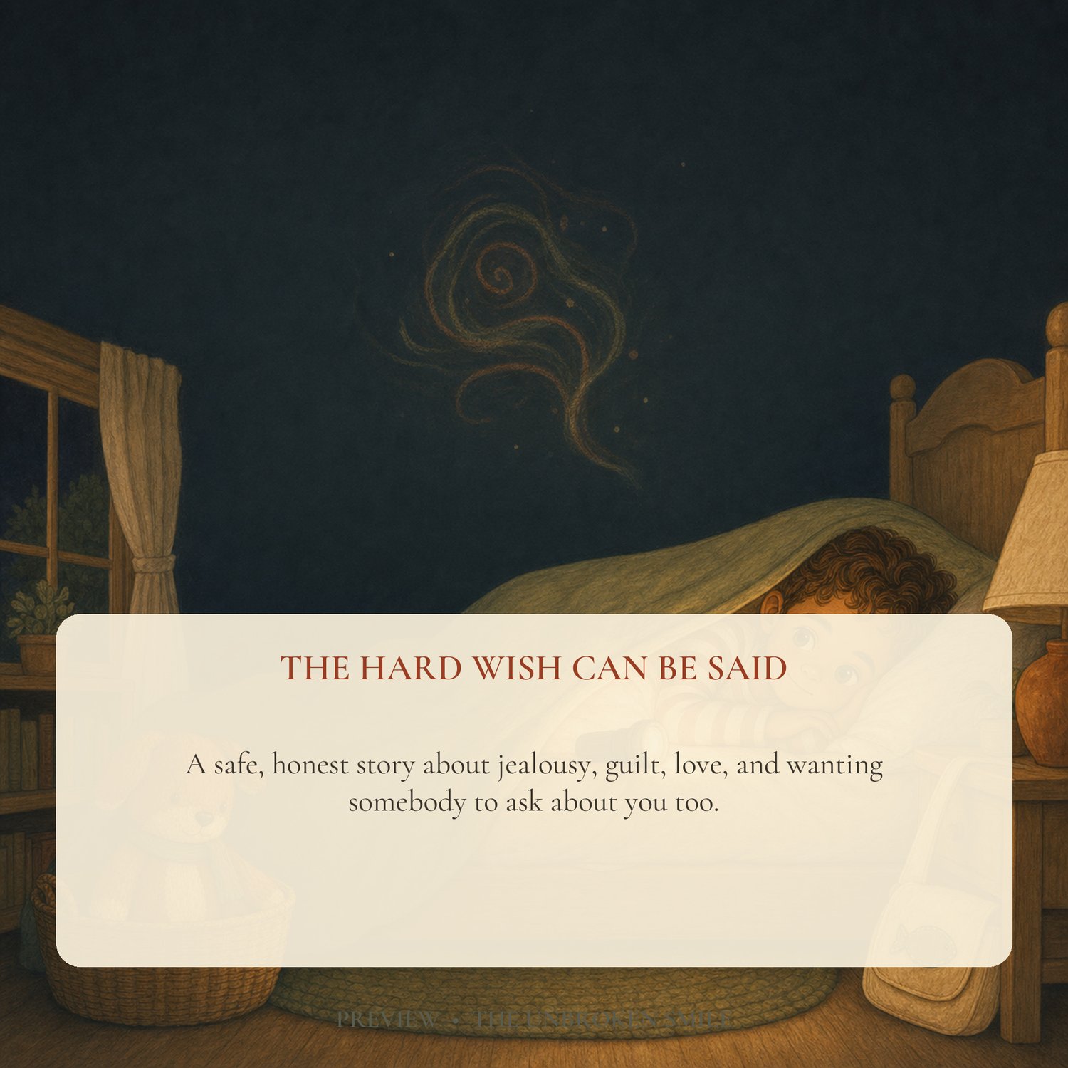 Illustrated story preview showing Gus naming a hard wish about his sibling's illness