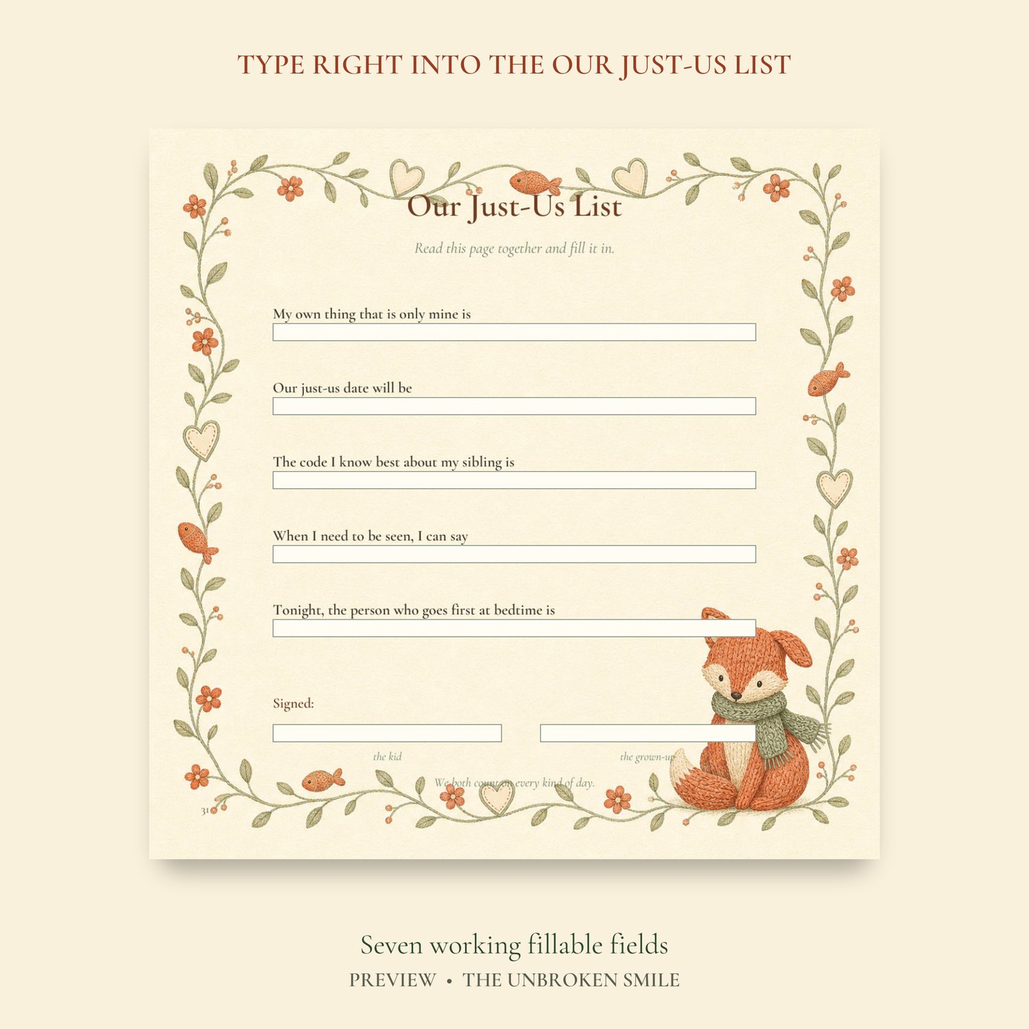 Fillable Our Just-Us List with fields for one-on-one family plans and signatures