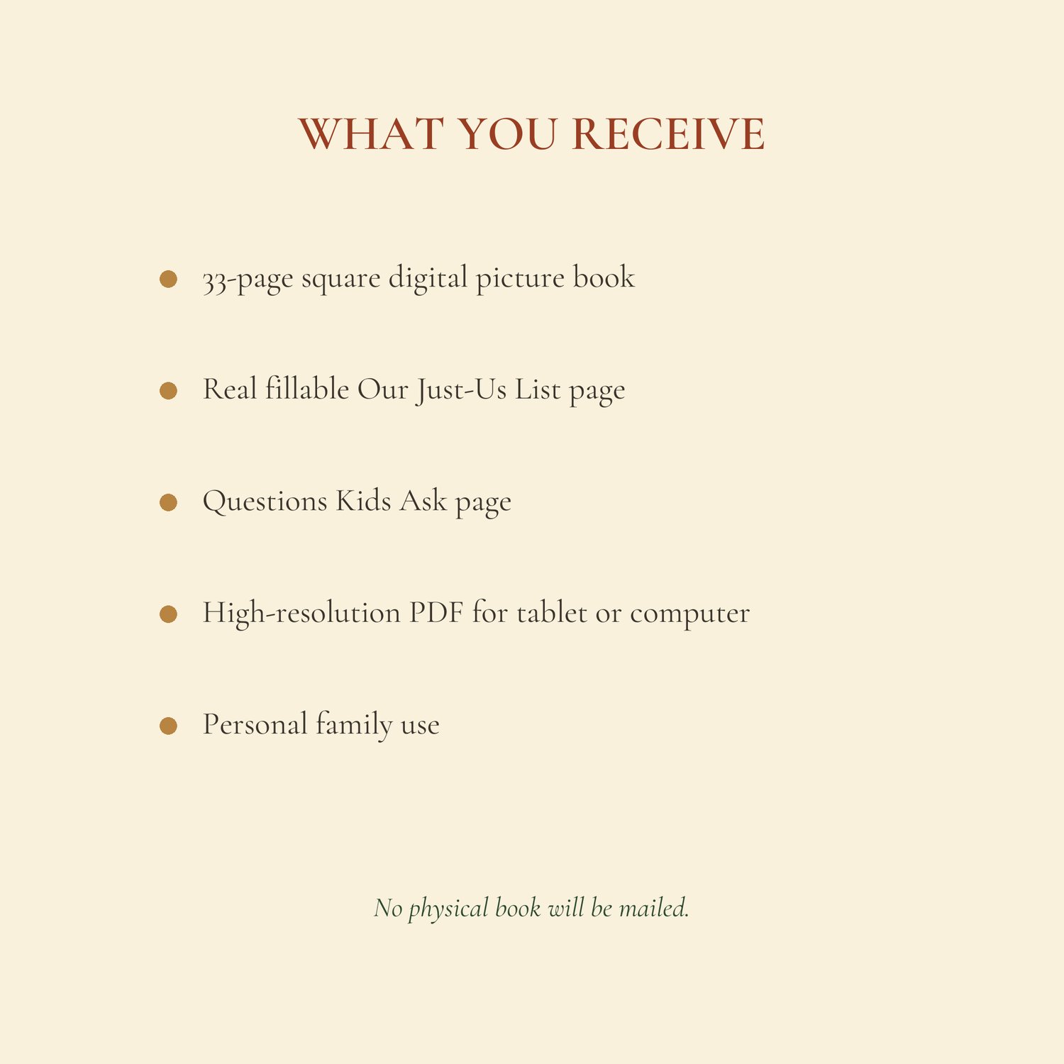 Product contents showing a 33-page digital story, questions page, and fillable family activity