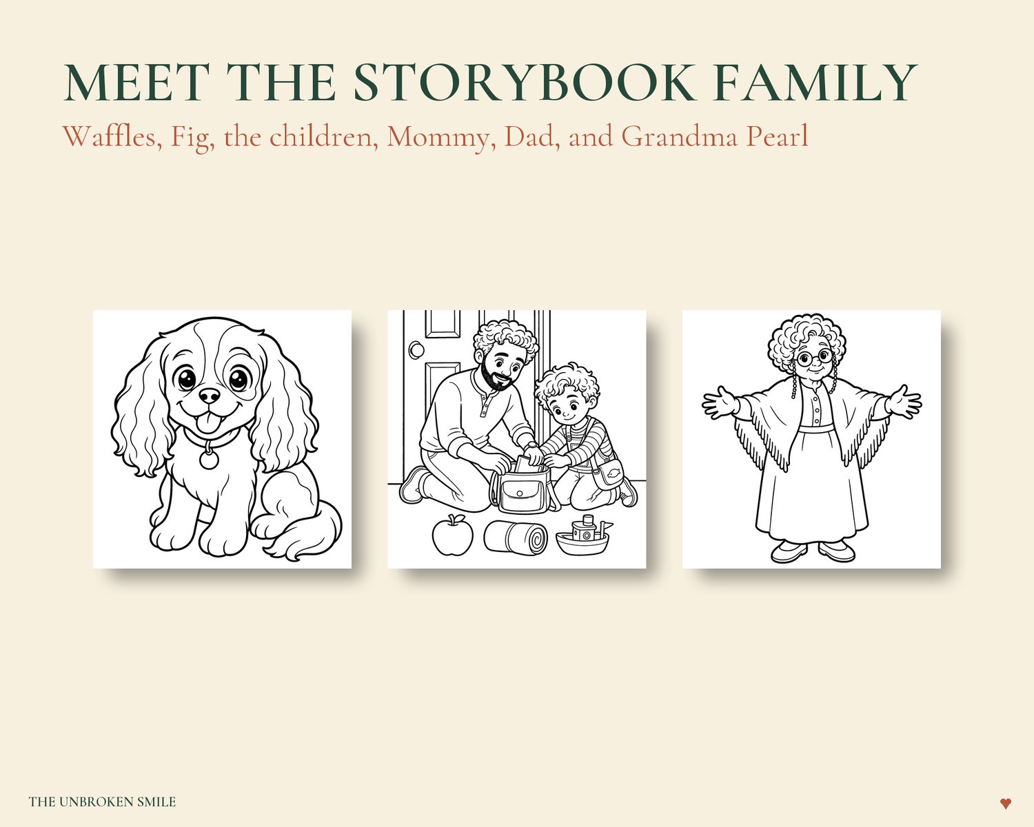 Three coloring-page previews featuring Waffles, Dad with Gus, and Grandma Pearl from the storybook family