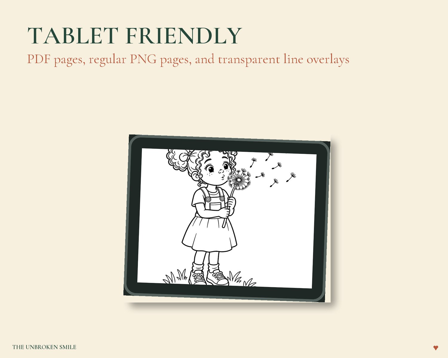 Tablet mockup showing a child coloring-page design with dark lines and large open spaces