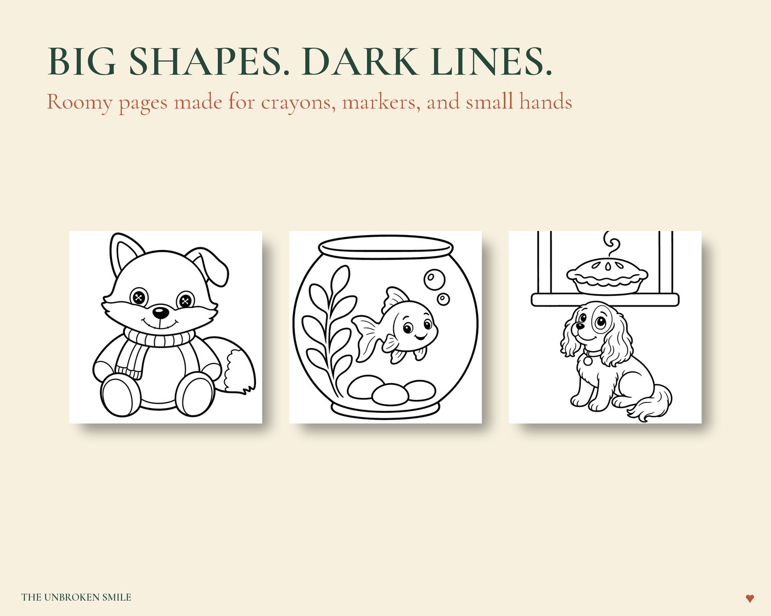 Bold black and white coloring pages with Fig the stuffed fox, a goldfish, and Waffles waiting below a pie