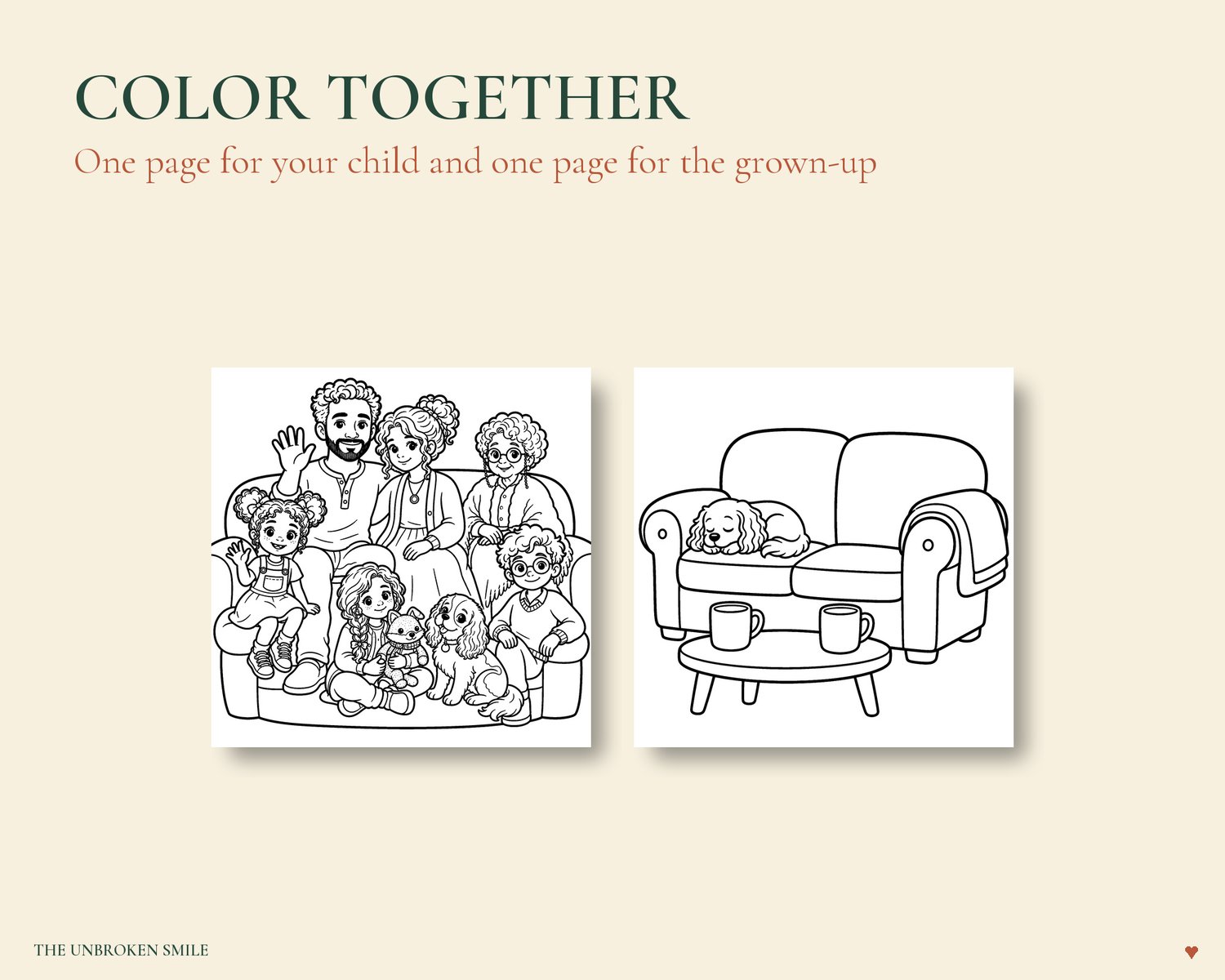 Two coloring pages designed for a child and grown-up to color side by side