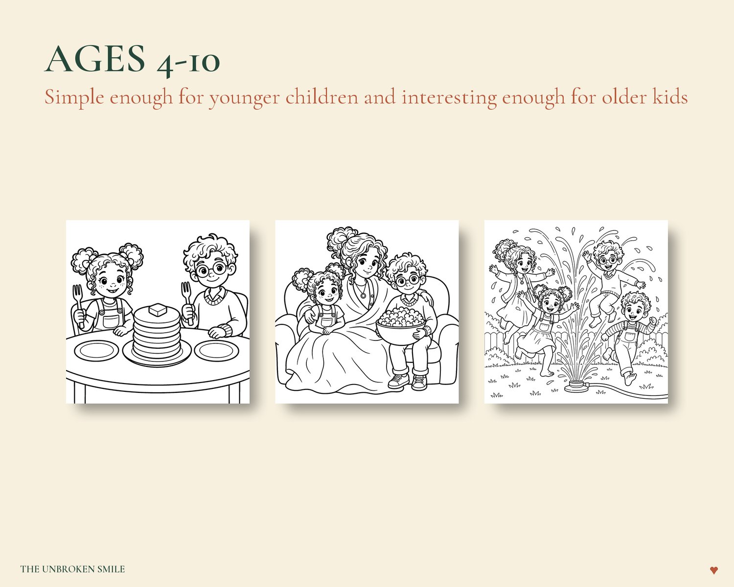 Three coloring-page previews showing bold and easy scenes for children ages 4 to 10
