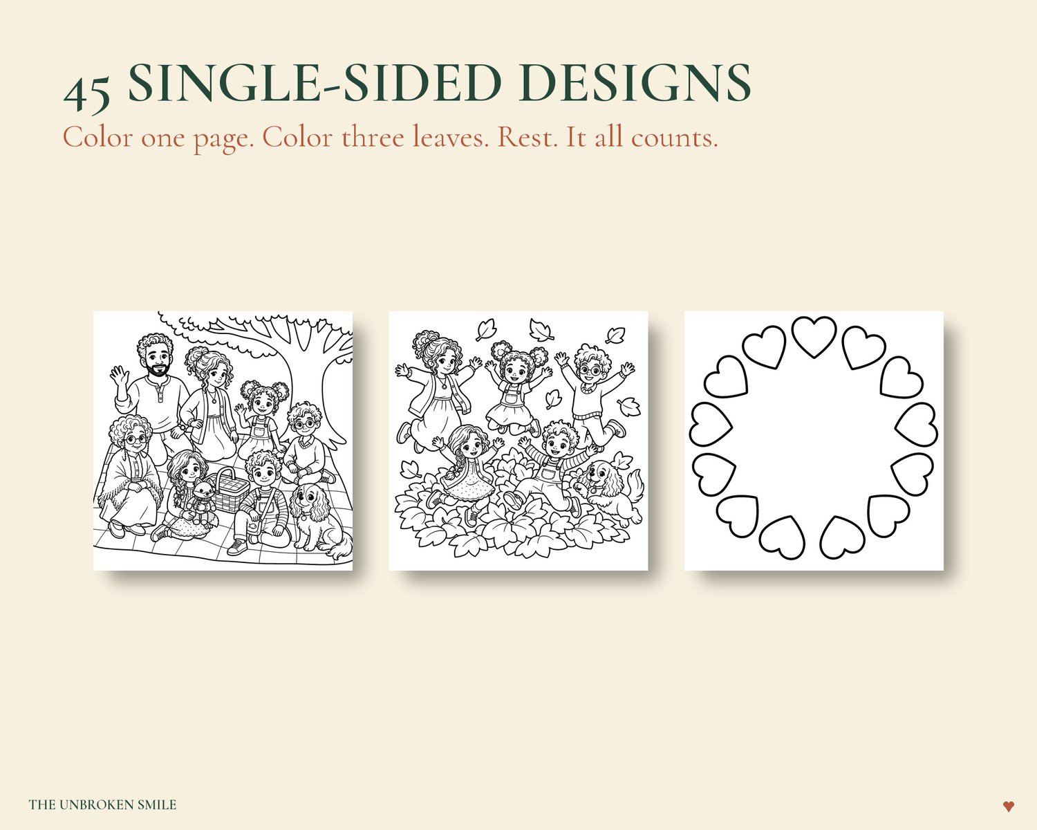 Three single-sided coloring designs featuring a family picnic, an autumn leaf pile, and a heart wreath