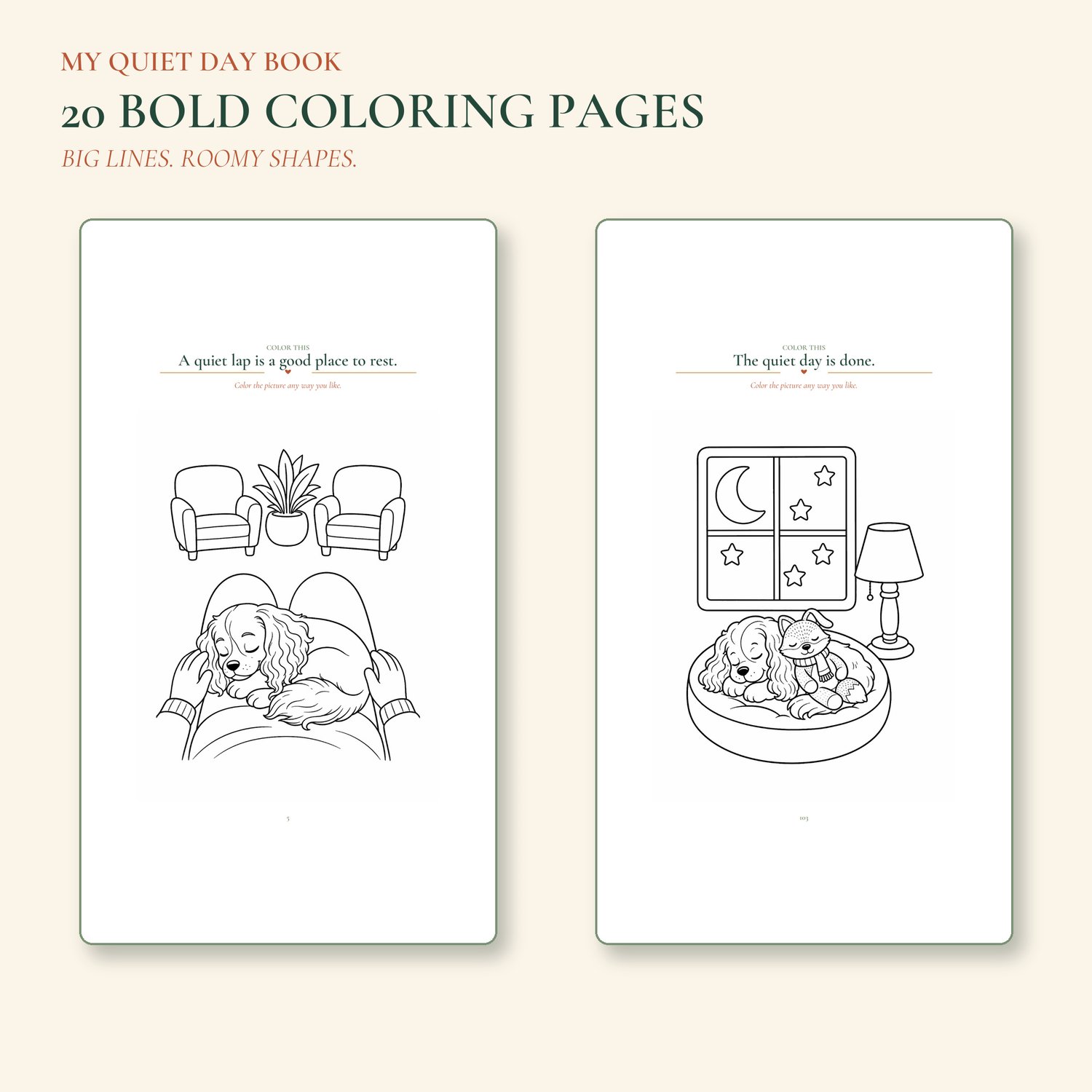 Two bold coloring page previews with large lines and roomy shapes