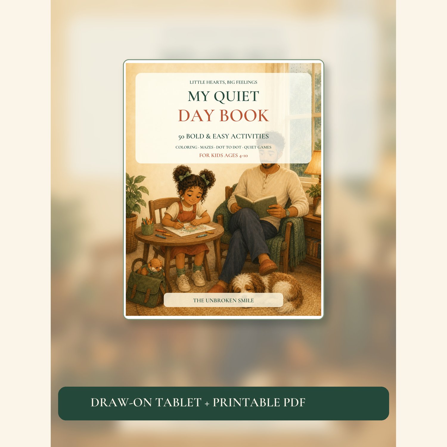 My Quiet Day Book cover shown on a tablet, labeled tablet-friendly and printable PDF