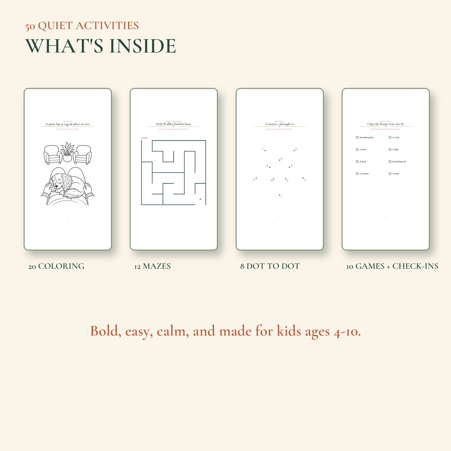 Overview of 50 quiet activities including coloring, mazes, dot-to-dot pages, games, and feelings check-ins