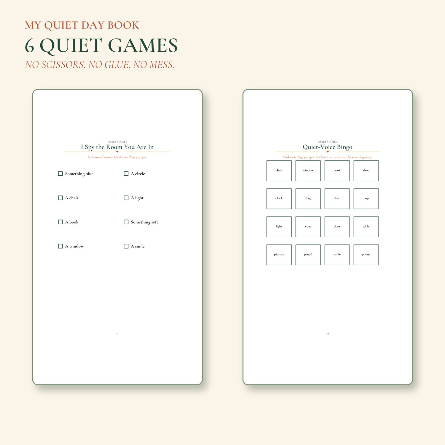 Quiet game previews including I Spy the Room You Are In and Quiet-Voice Bingo