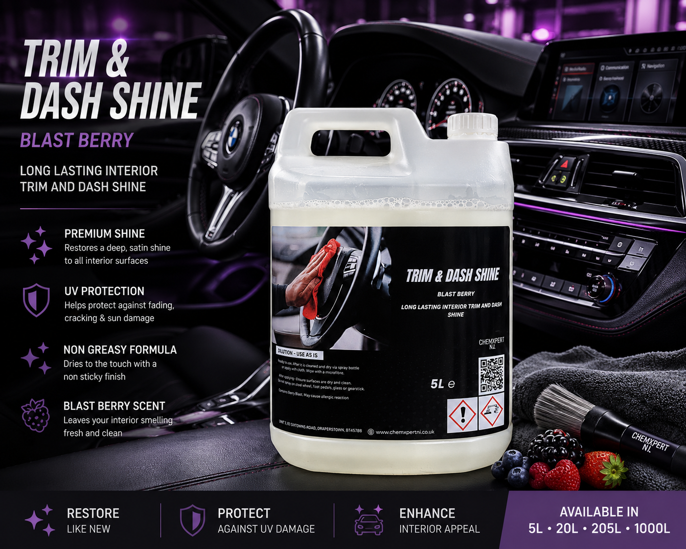 ChemXpert NI Interior Trim & Dash Shine – a deep shine, a fresh fragrance and professional results every time.