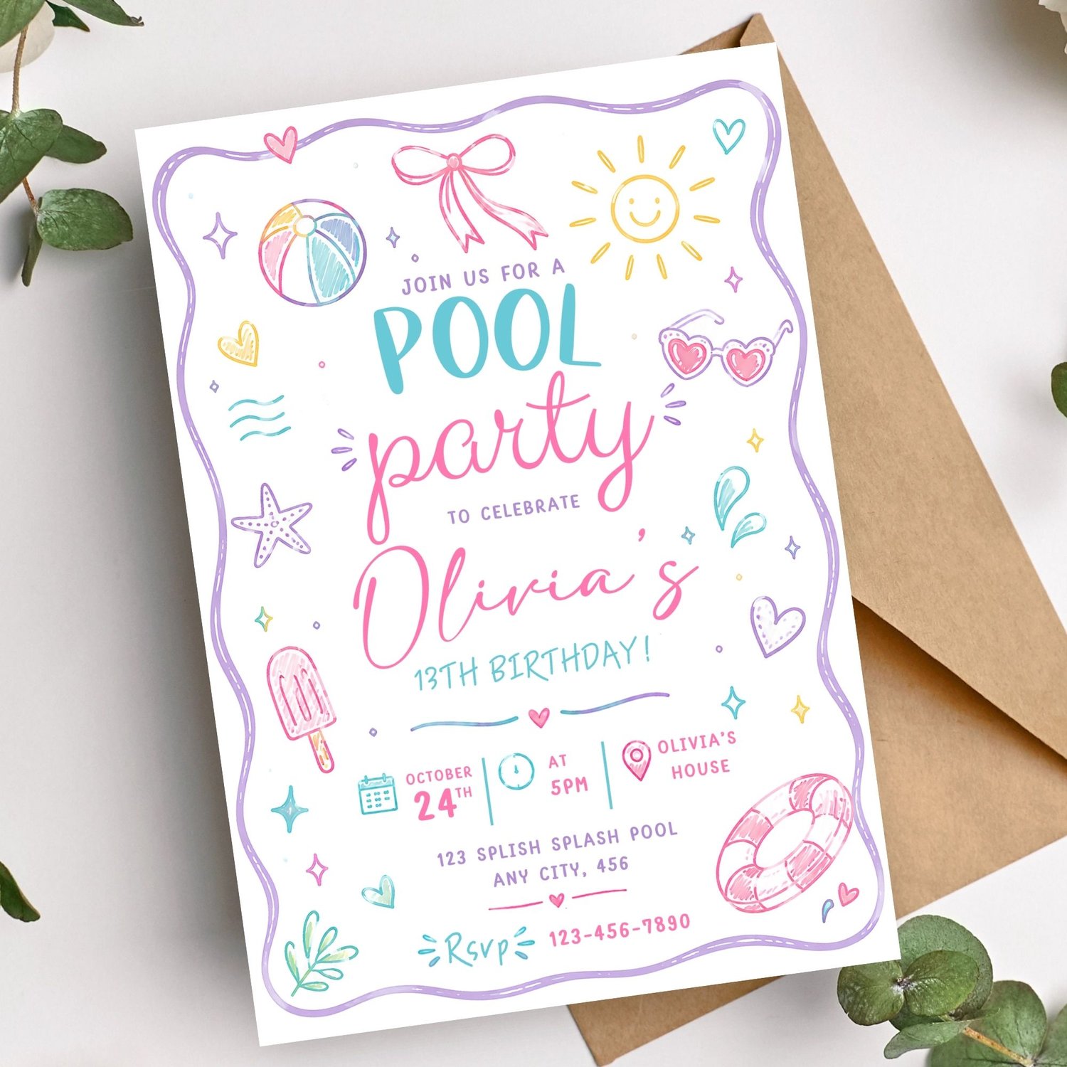 Editable Canva pool party invitation digital download with customizable text, printable 5x7 summer birthday invitation for girls.