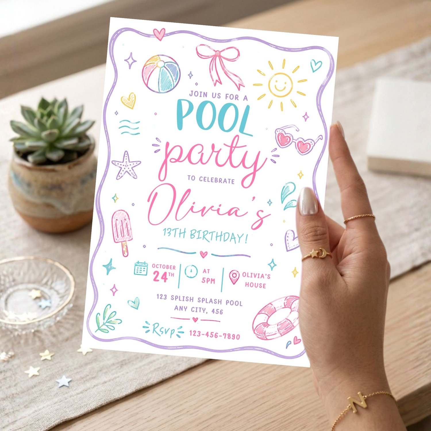 Printable girl pool party birthday invitation displayed in a modern mockup, editable Canva birthday invite for a summer splash celebration.