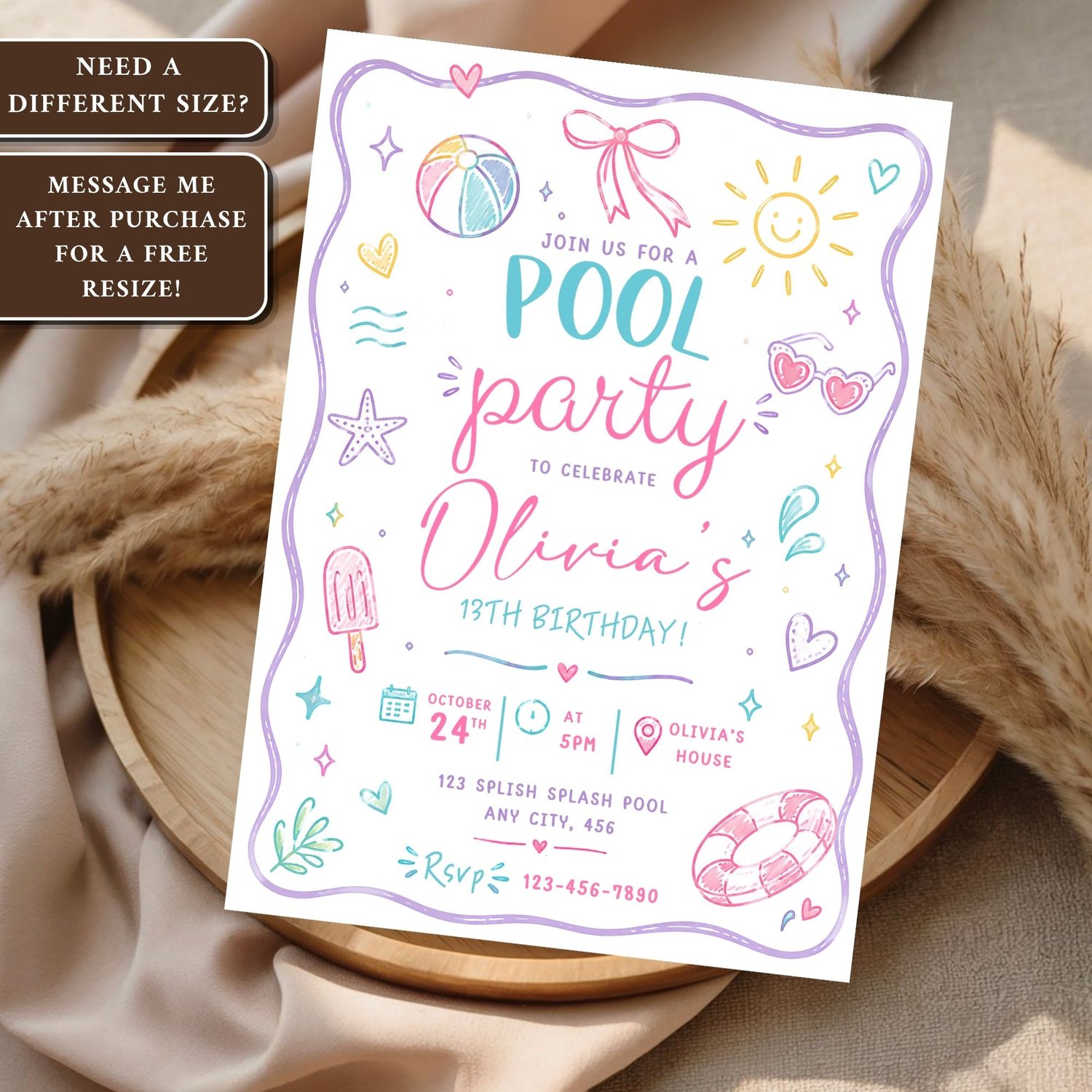 Summer pool party birthday invitation template editable in Canva featuring a fun splash party design for girls, printable and instant download.