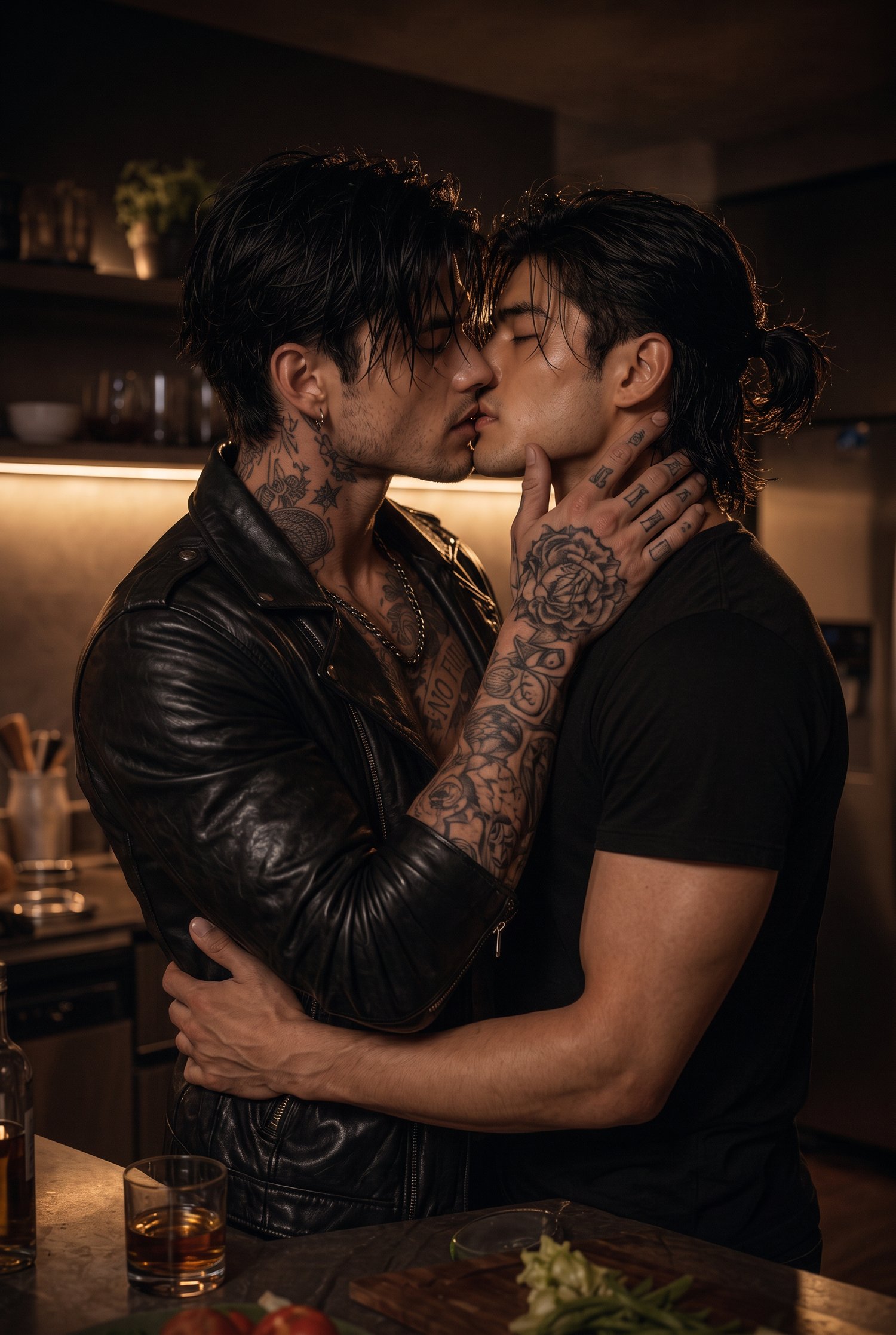 Aran and Koh kissing, Dark Rockstar Mafia MM Romance by Cas Roman