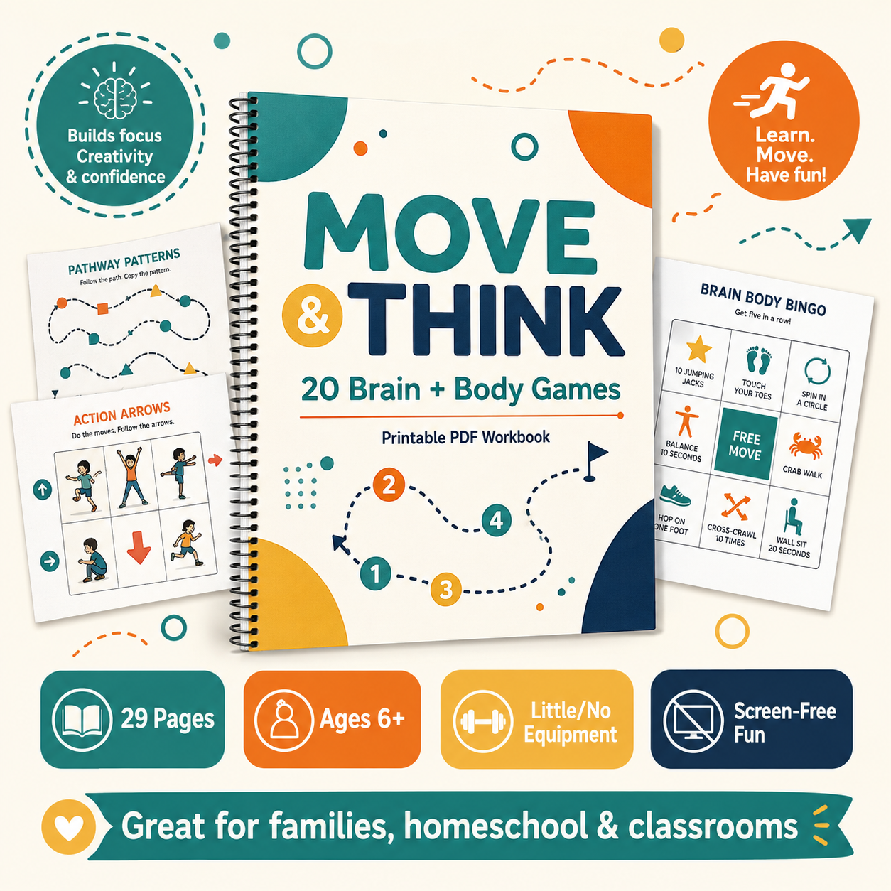 Move and Think printable brain games workbook cover for kids ages 6+