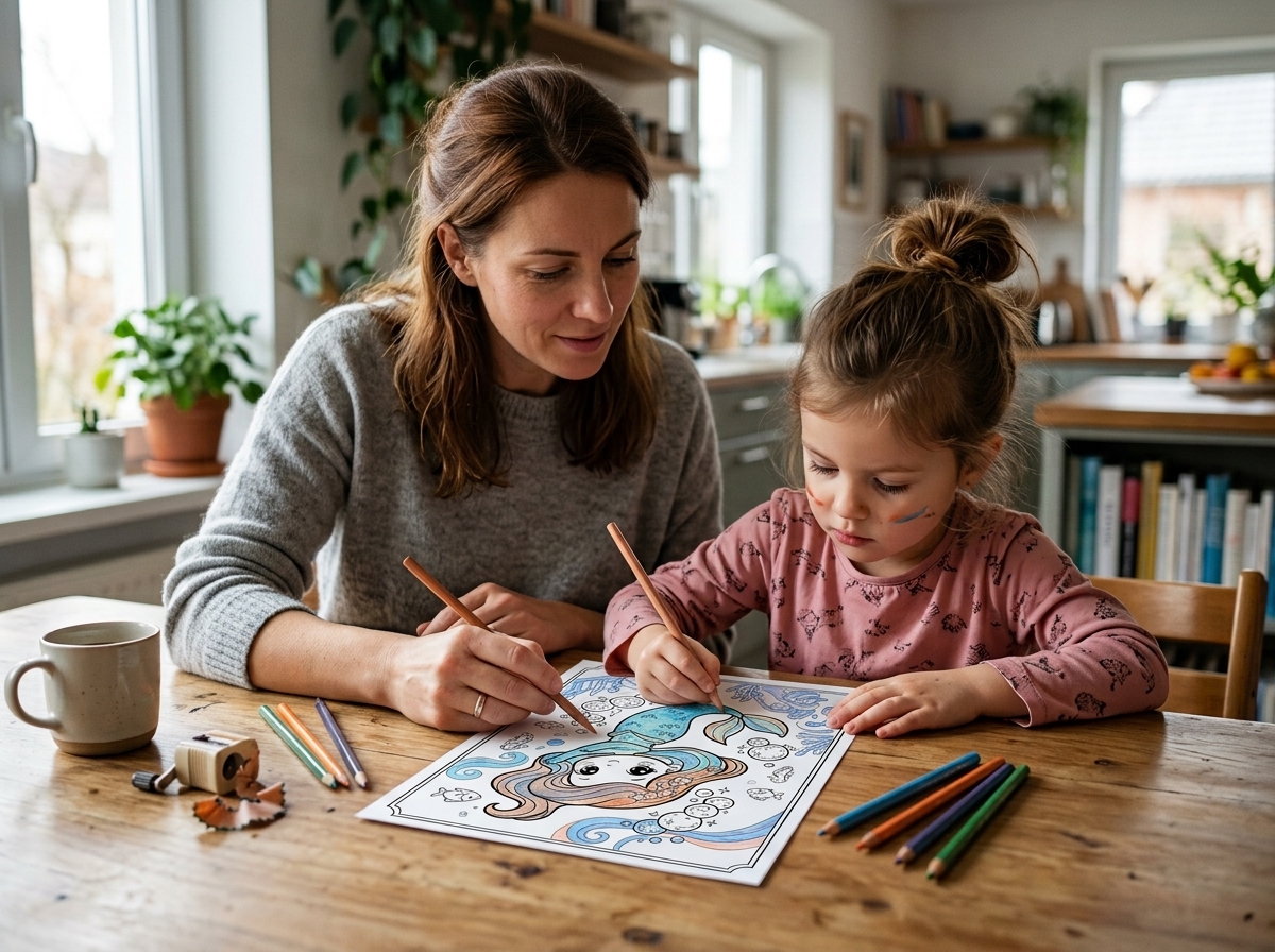 Mother and daughter coloring a printable mermaid coloring page together, enjoying a creative family activity with colored pencils.