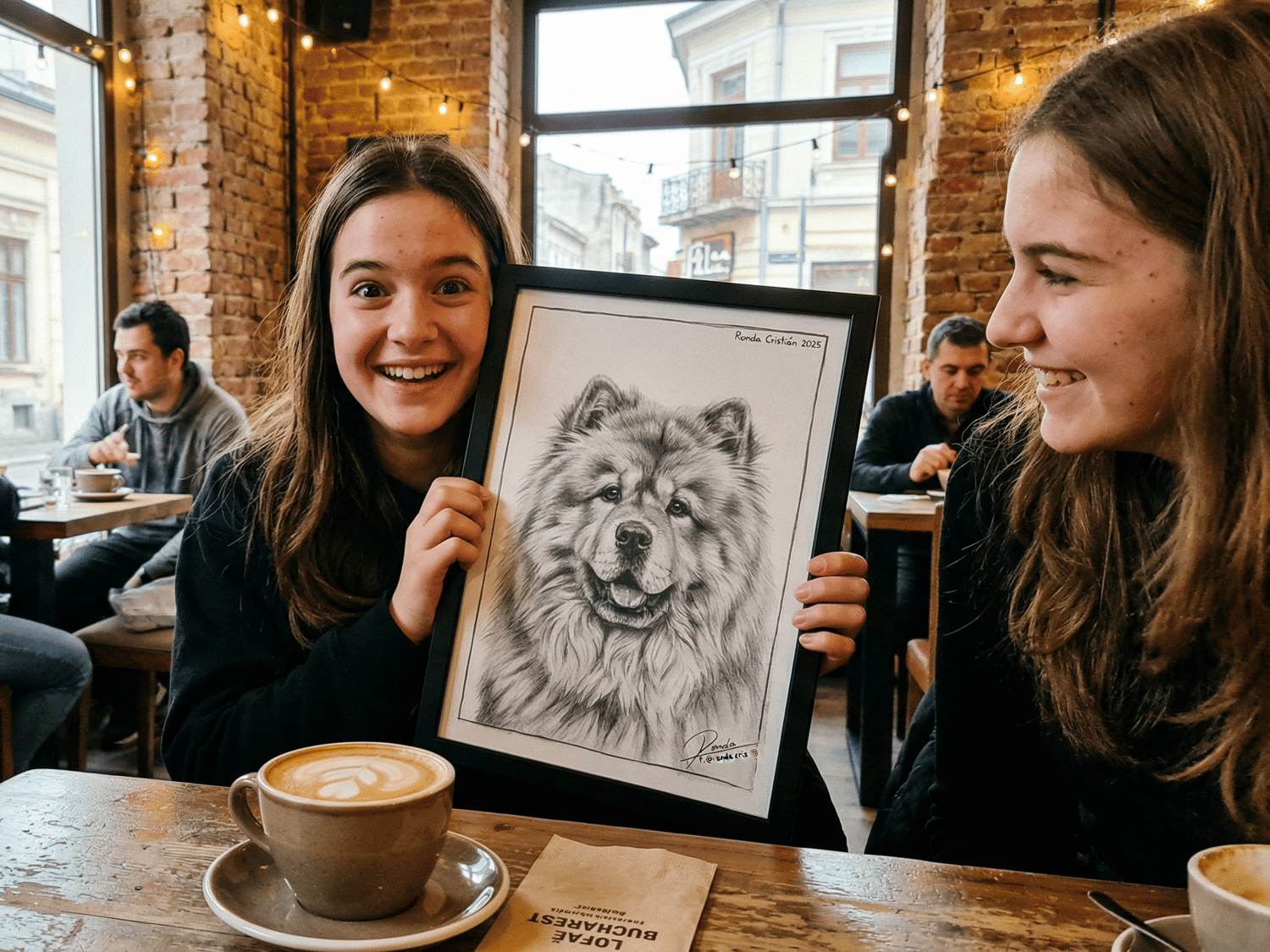 A woman smiling as she receives a hand-drawn custom dog portrait from a friend in a cozy café, celebrating a meaningful personalized gift.