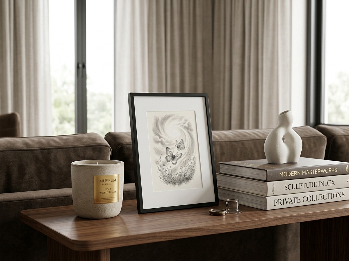 Framed original pencil drawing of two butterflies displayed on a wooden shelf beside books and a candle, symbolizing hope and transformation.