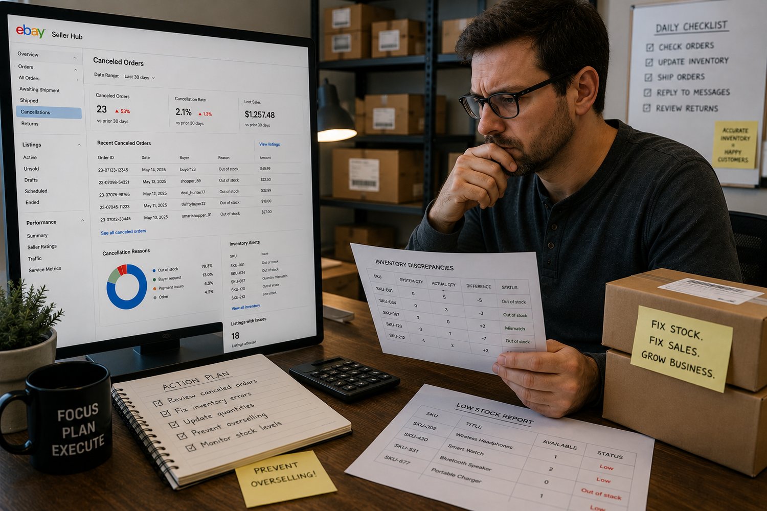 eBay seller reviewing canceled orders and inventory discrepancies