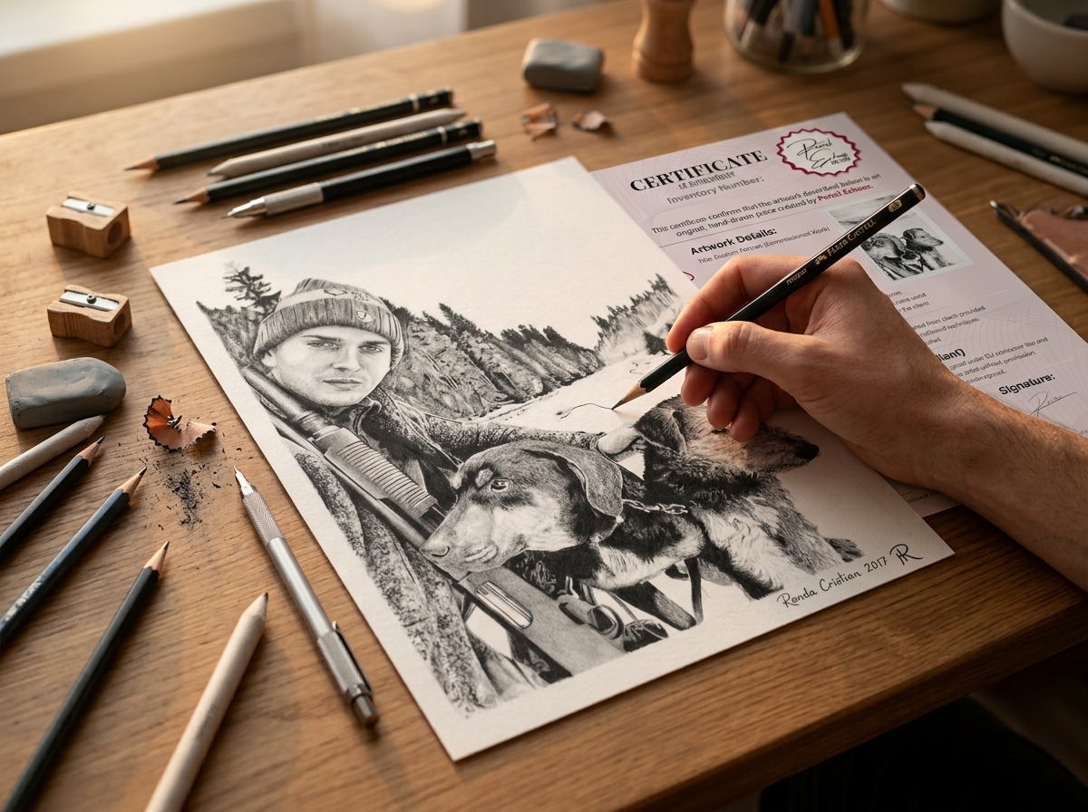 Artist hand drawing a custom pencil portrait of two dogs and a hunter using graphite pencils, with a Certificate of Authenticity visible on the desk.