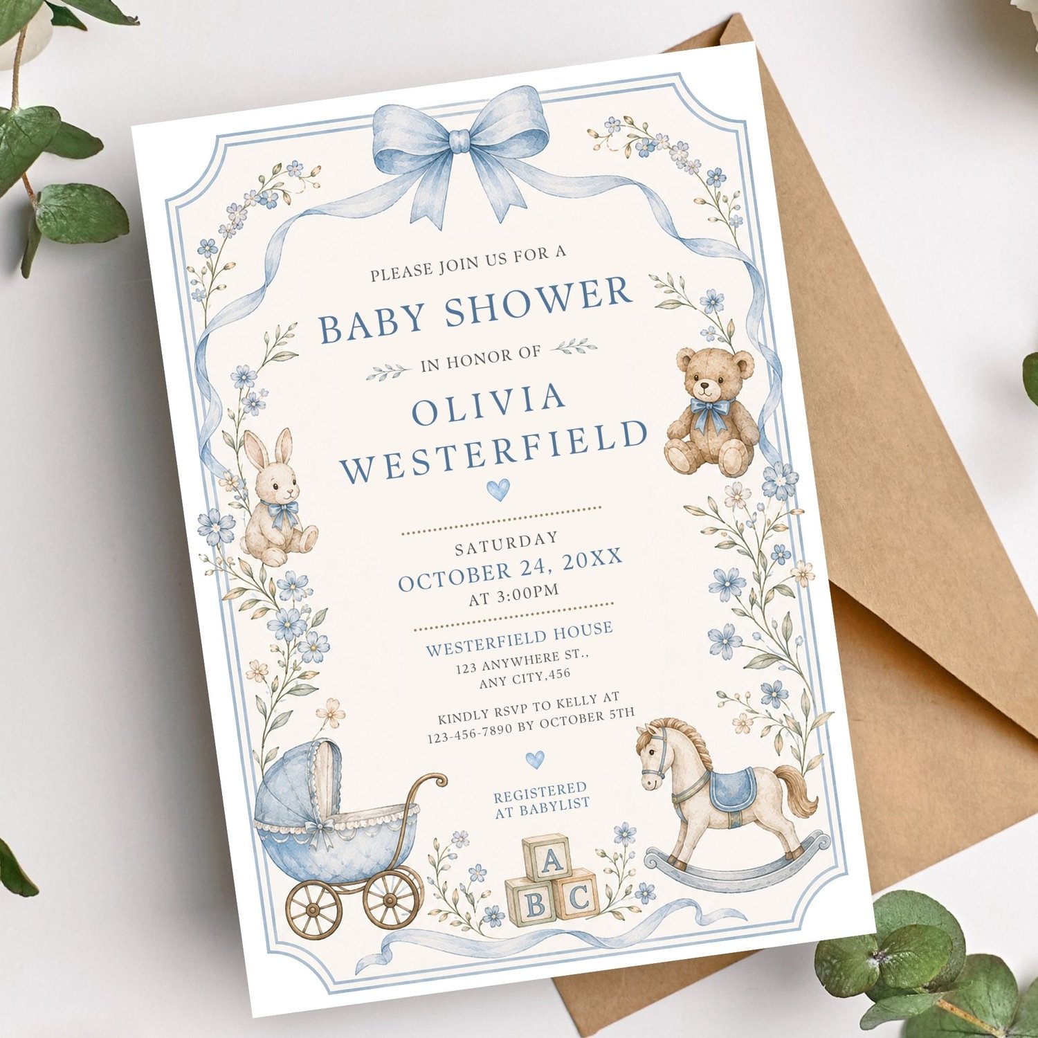 Blue floral baby shower invitation template with vintage nursery toys, teddy bear, rocking horse, and elegant watercolor design. Personalized Canva editable printable invitation for a baby boy shower.