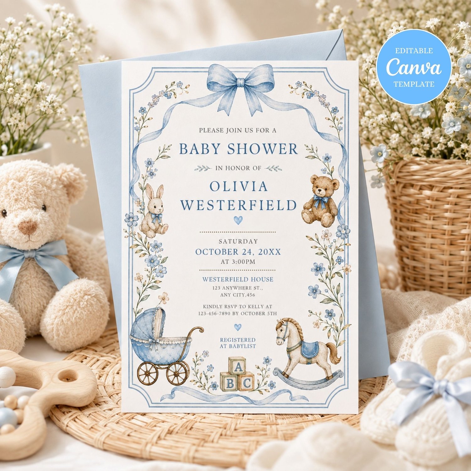 Blue baby shower invitation template featuring a vintage teddy bear, rocking horse, blue florals, and nursery toys. Editable Canva invitation for a baby boy shower, printable instant download.
