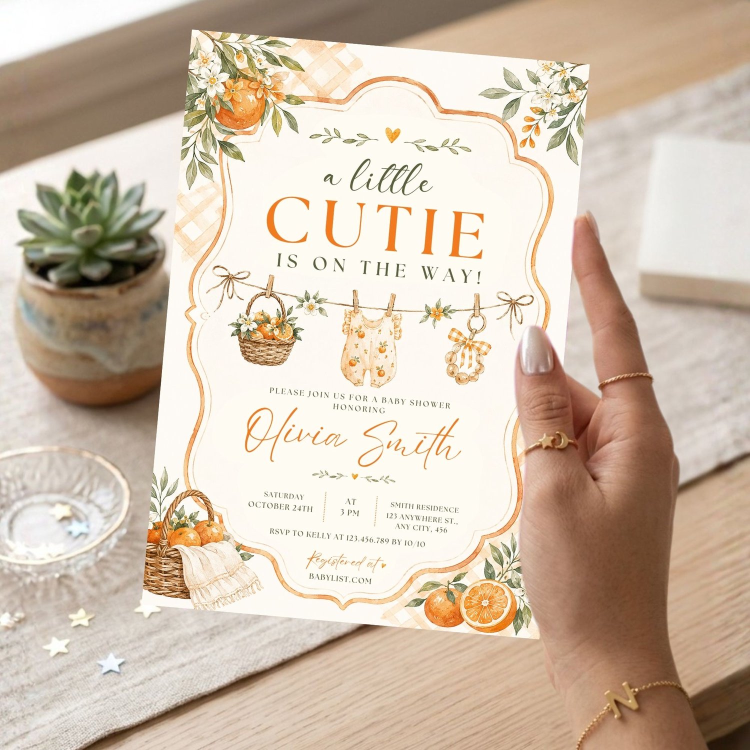 Printable A Little Cutie baby shower invitation template with citrus orange theme, editable Canva invitation, instant digital download.