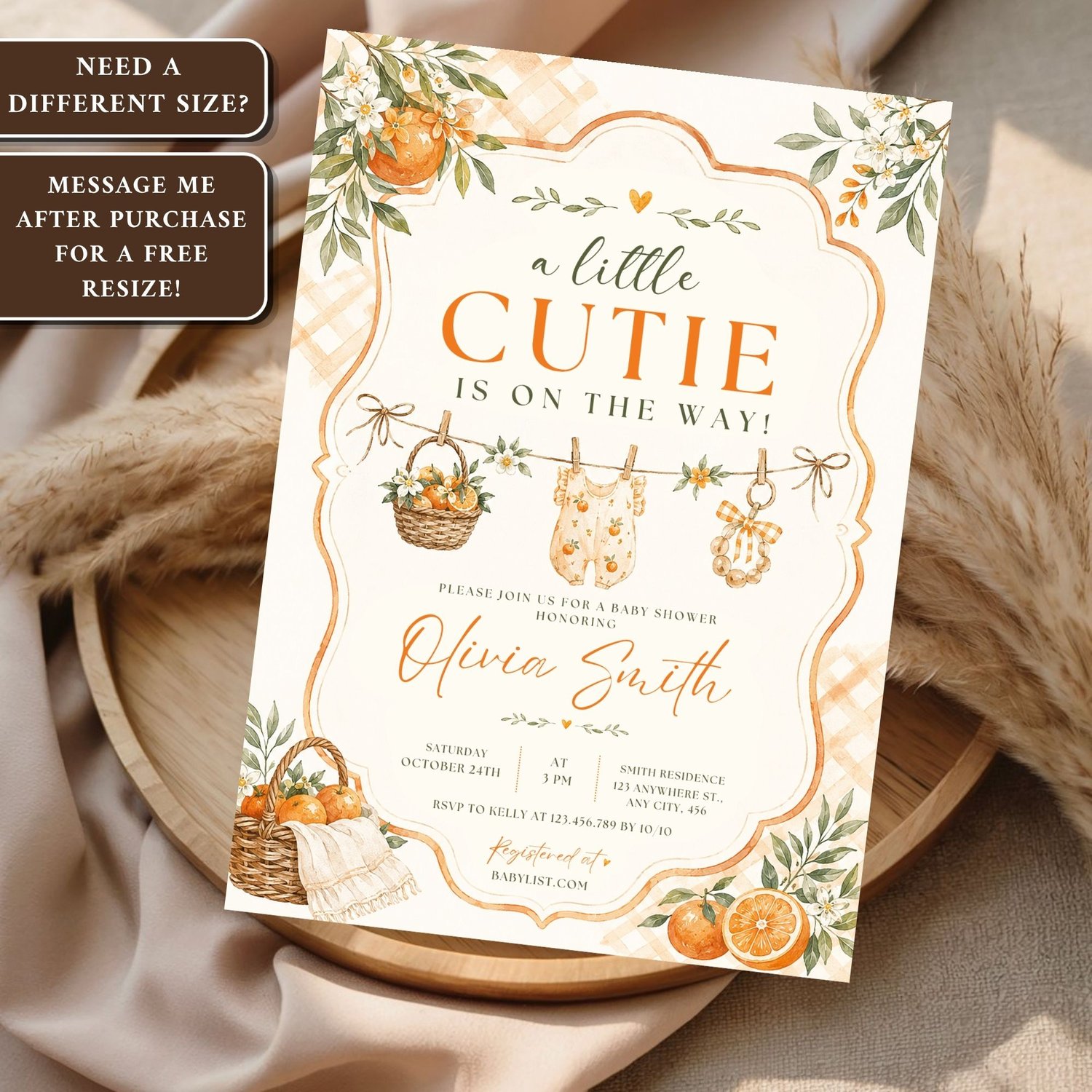 Gender neutral citrus orange baby shower invitation with modern watercolor oranges, editable Canva template, printable baby shower invite.
