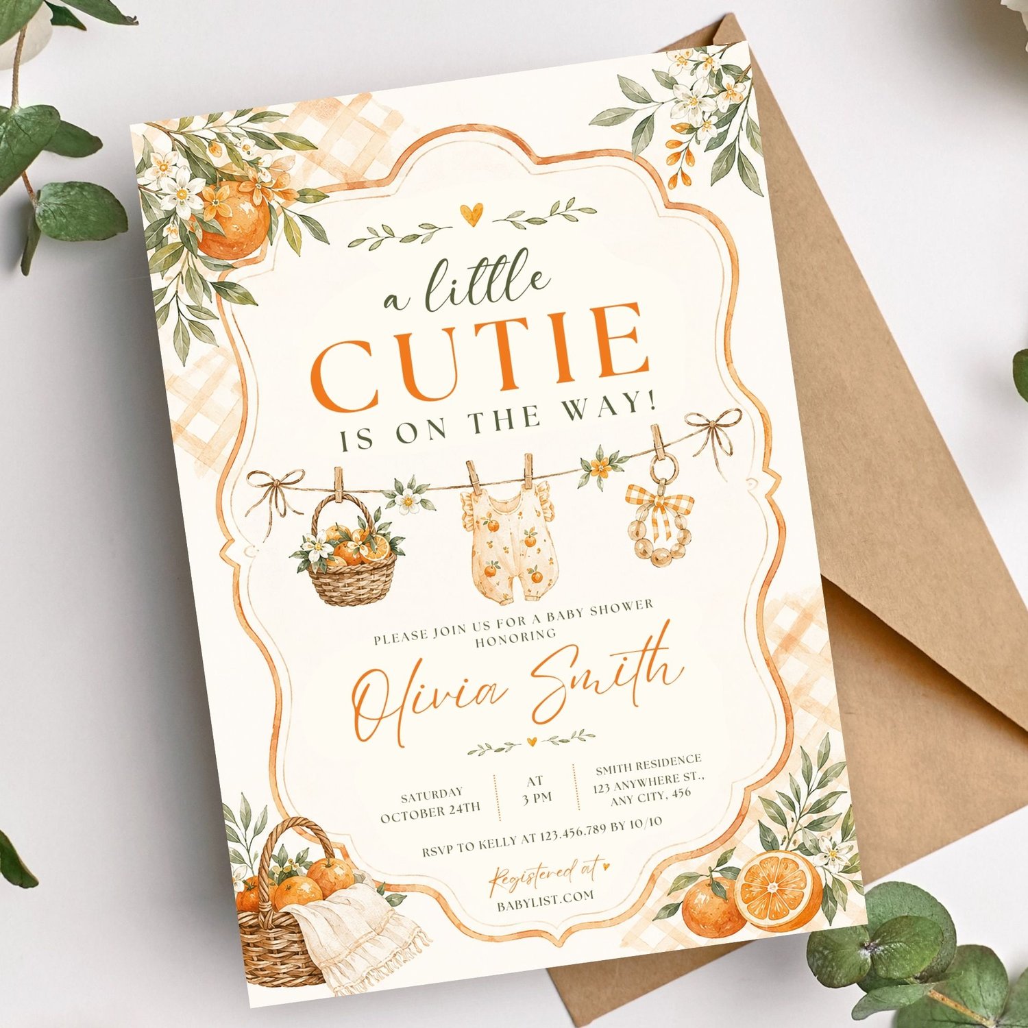 Orange citrus baby shower invitation template featuring A Little Cutie theme, personalized editable Canva invite for a gender neutral baby shower.