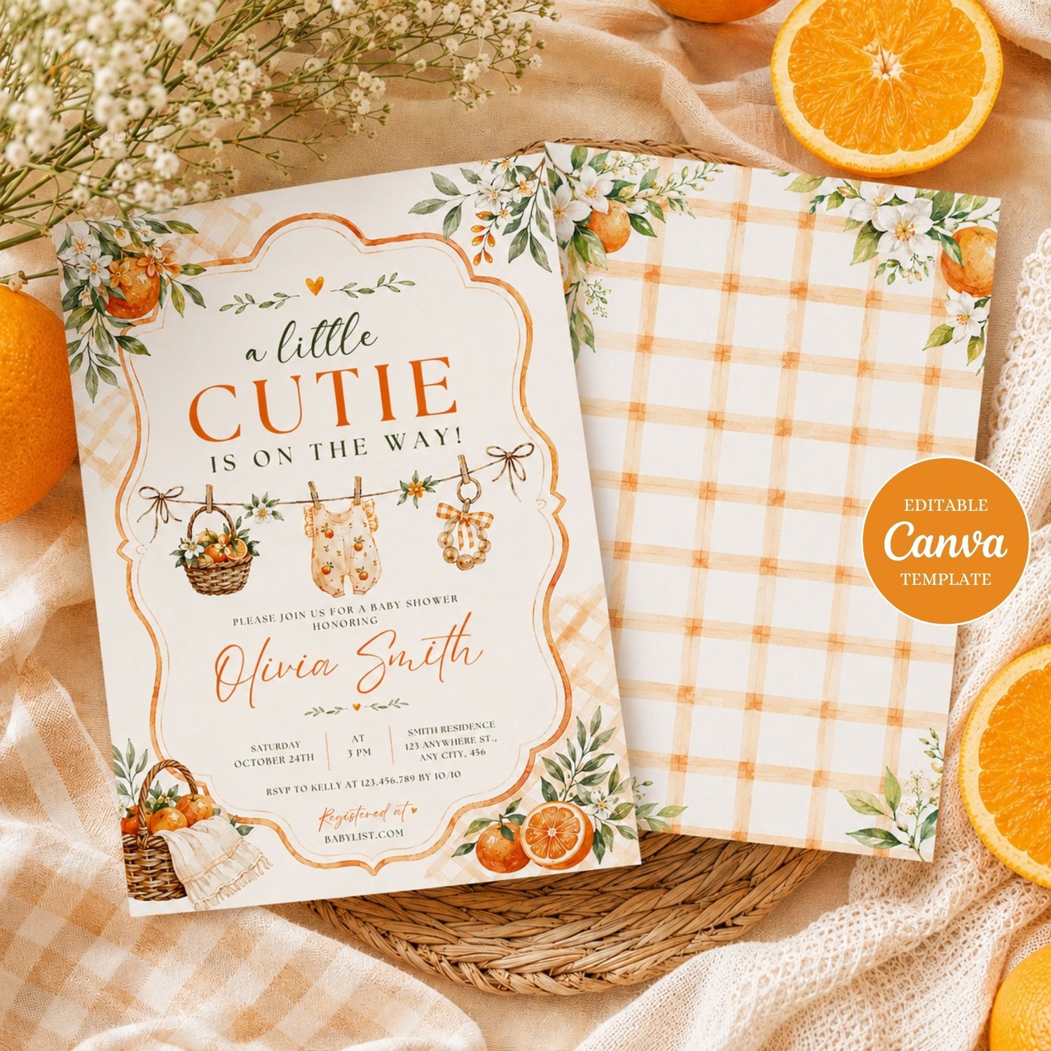 A Little Cutie baby shower invitation editable Canva template featuring sweet citrus oranges, gender neutral design, printable instant download invitation.