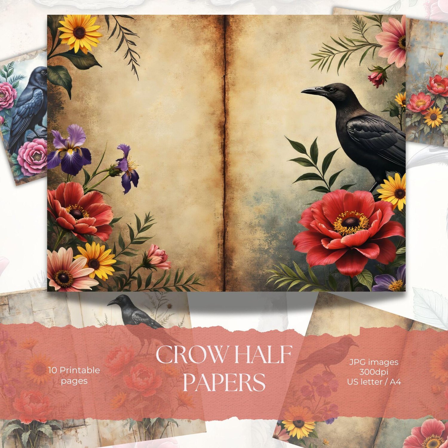 close up of a floral raven crow journal pags