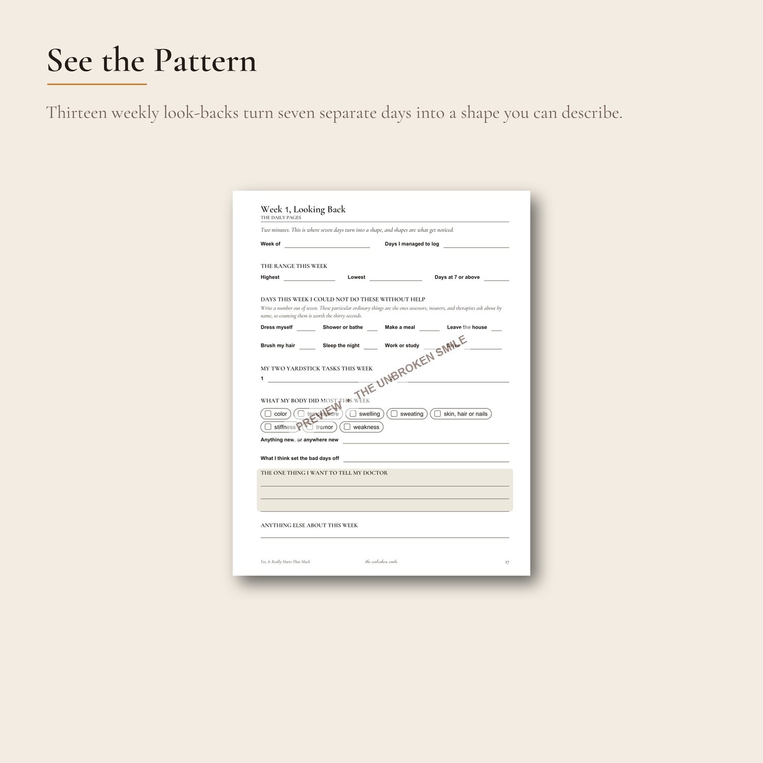 Watermarked weekly look-back page for reviewing seven days of CRPS patterns.