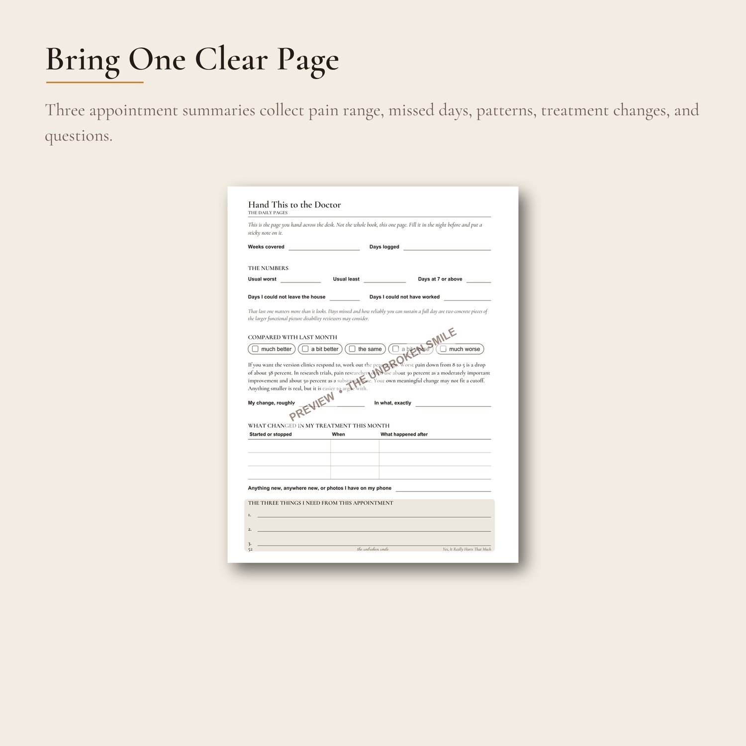 Watermarked doctor summary page for pain range, missed days, treatment changes, and questions.