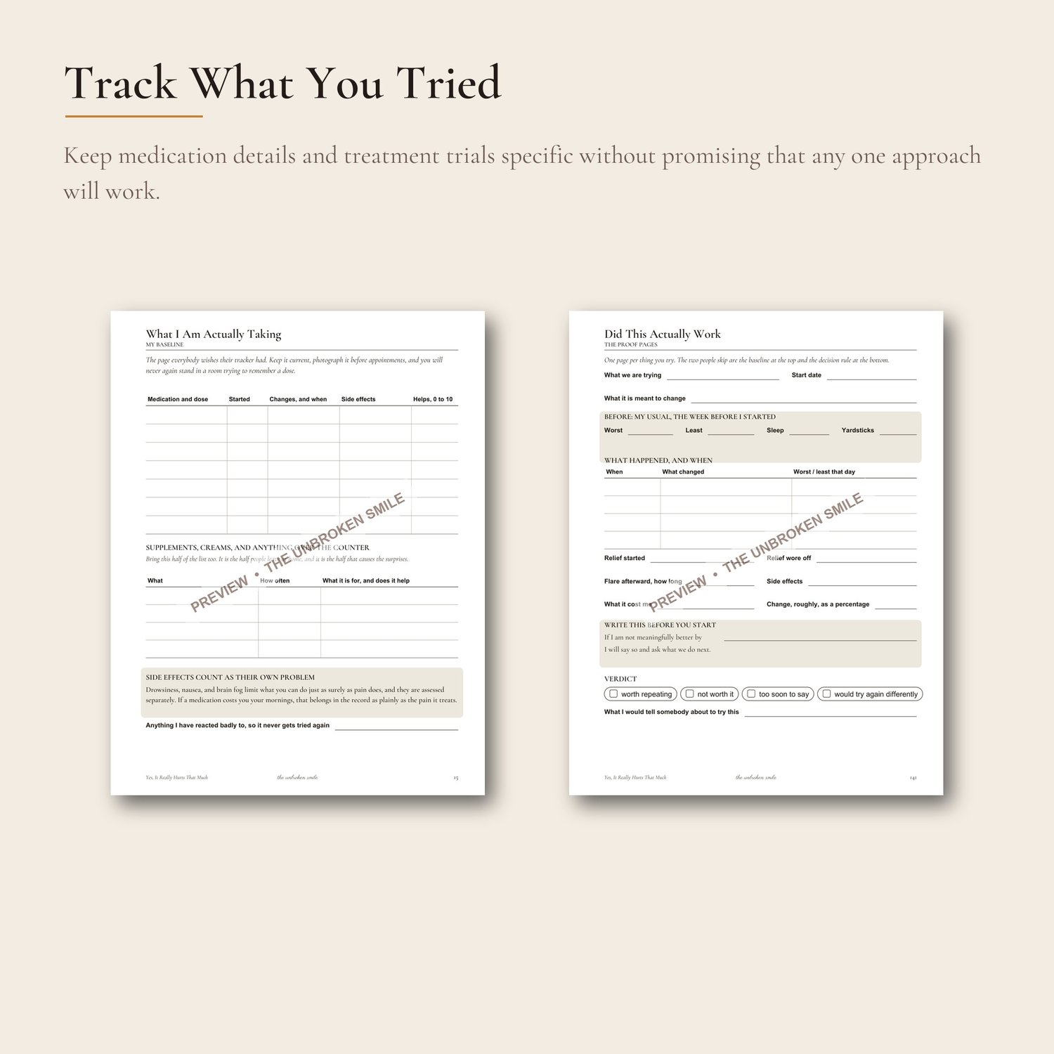 Watermarked medication and treatment-trial pages shown side by side.