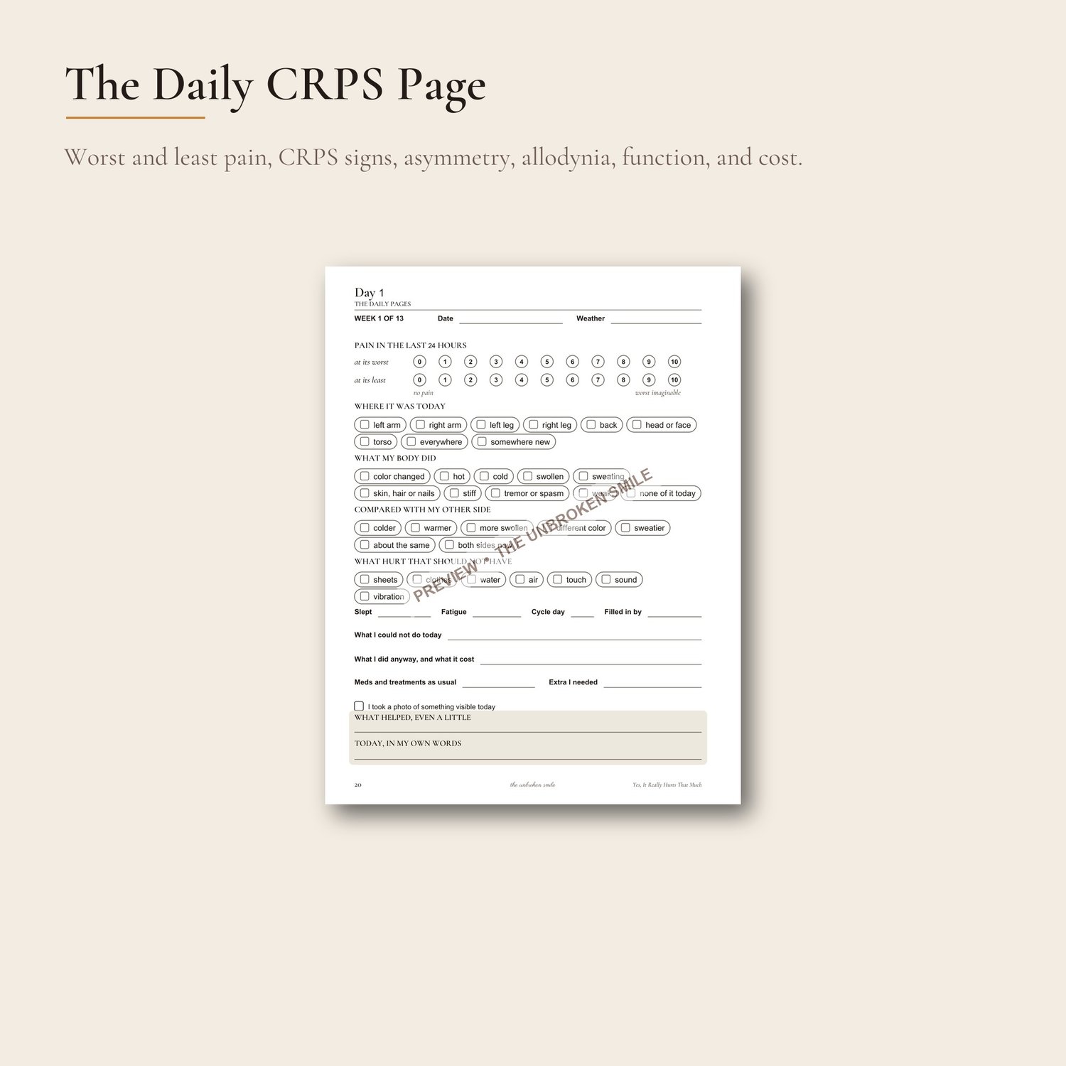 Watermarked preview of a daily CRPS tracking page for pain, symptoms, asymmetry, and function.