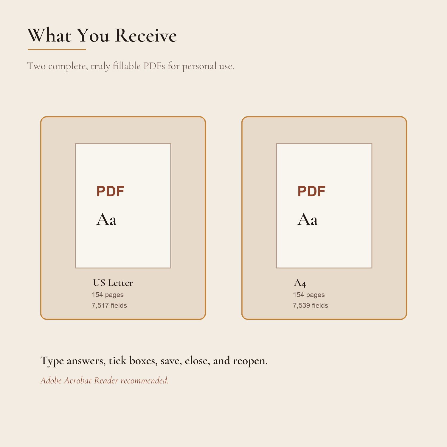 Two PDF file cards showing included US Letter and A4 editions with page and field counts.