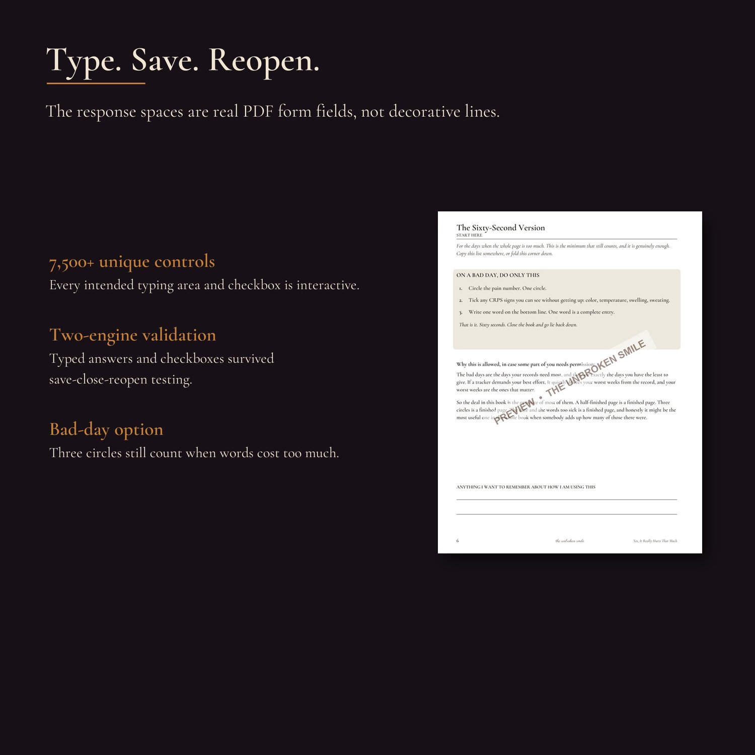 Watermarked bad-day page beside text explaining true fillable PDF controls and validation.