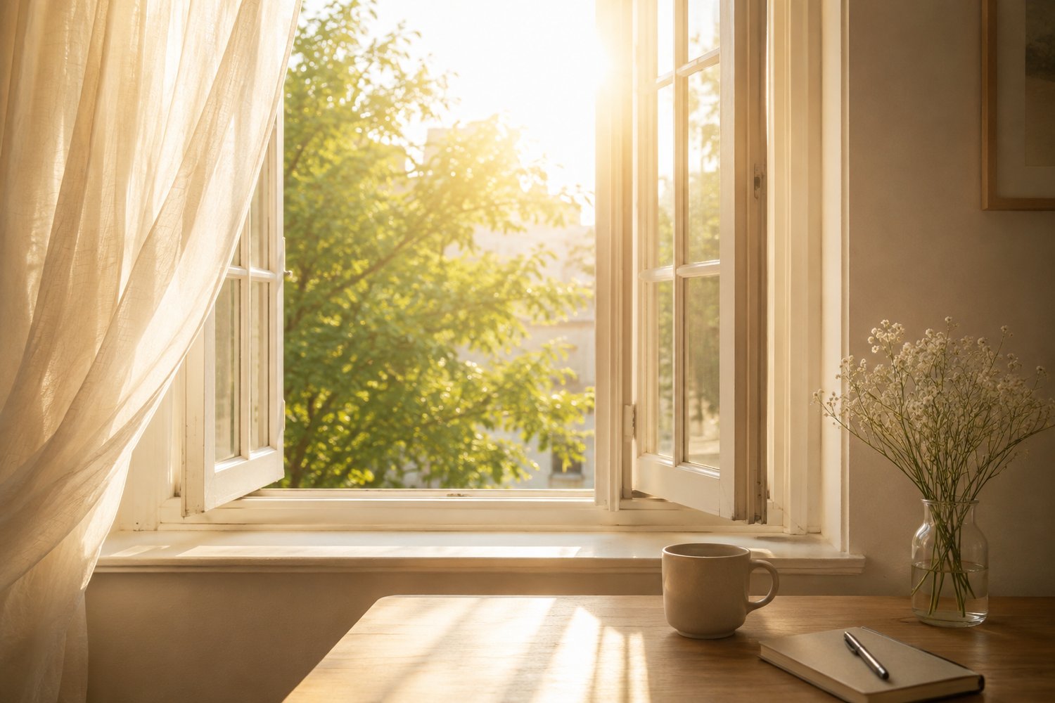 Sunlight streaming through an open window into a peaceful room, illustrating the irony of perspective, gratitude, and appreciating the season you are in.
