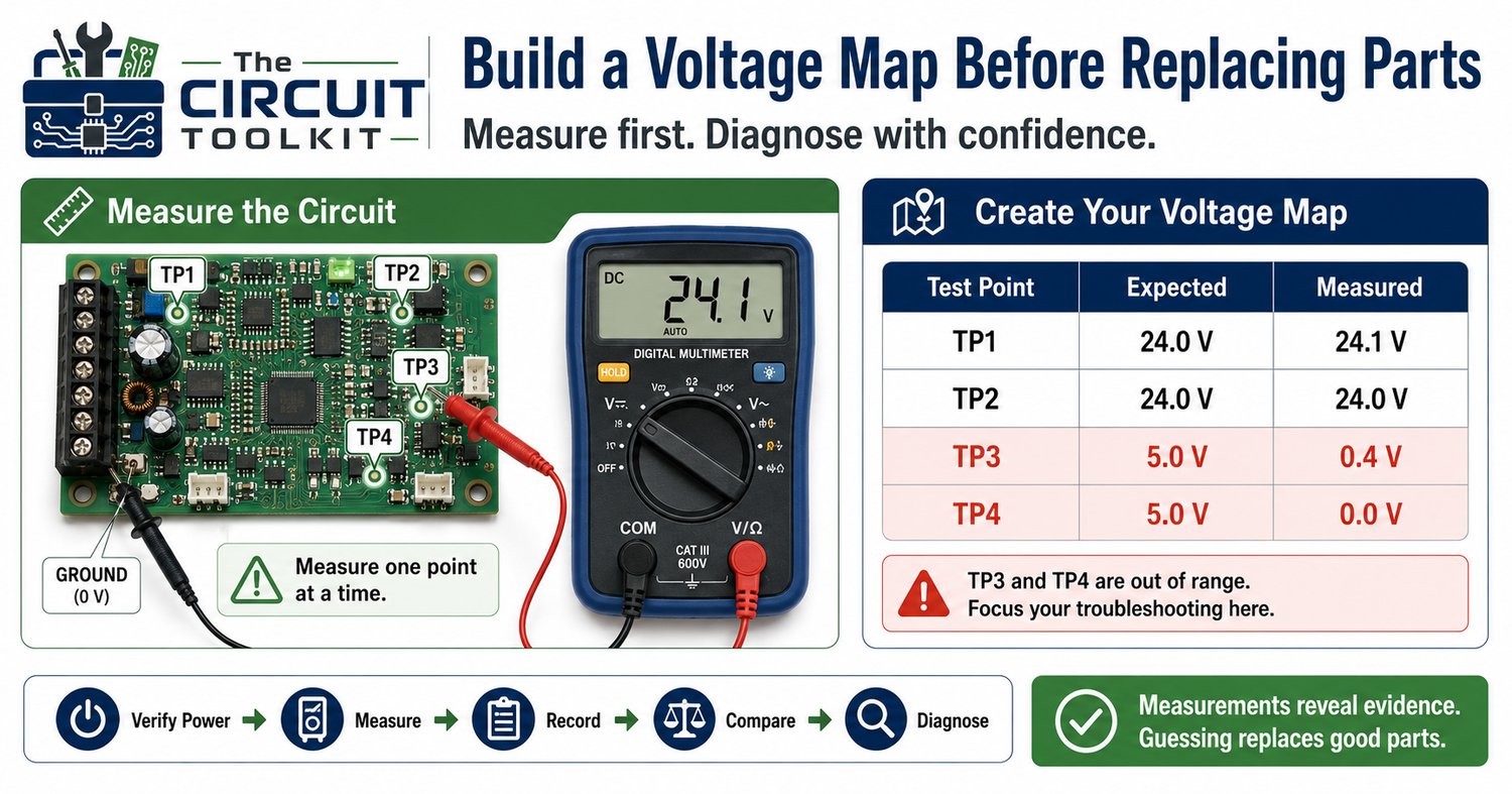 A technical infographic from The Circuit Toolkit illustrating how to build a voltage map while troubleshooting an electronic circuit. The graphic includes a digital multimeter measuring voltage at several test points on a powered PCB, labeled measurement 