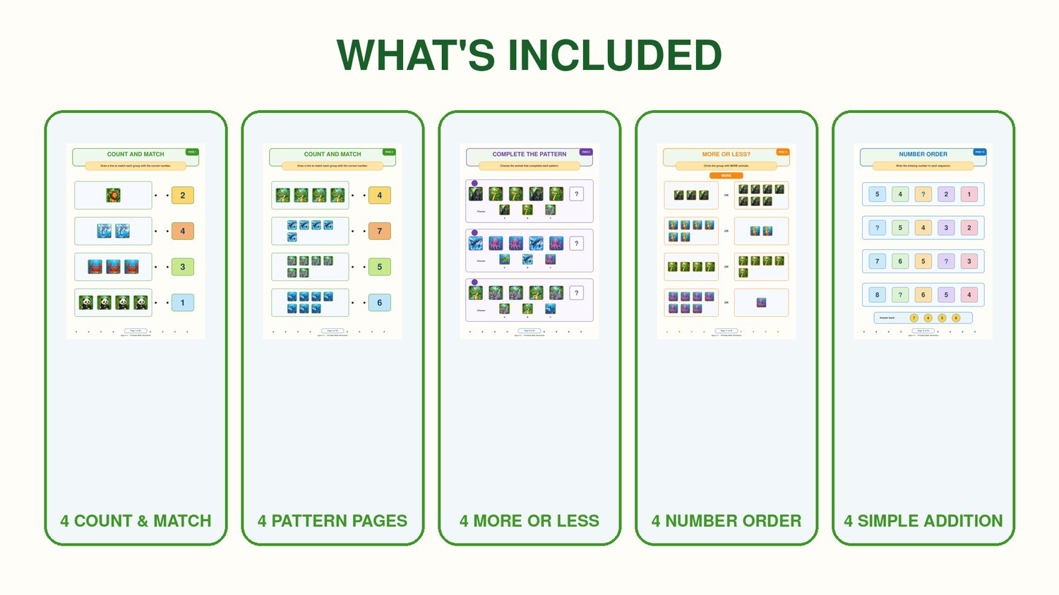 Preview of 20 printable early math worksheets including counting, patterns, comparison, number order, and addition activities.