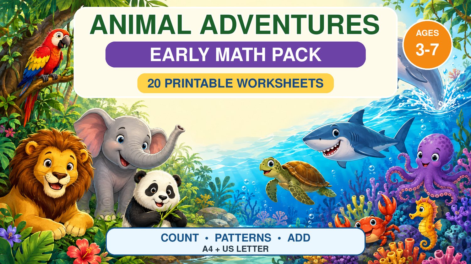 Animal Adventures Early Math Pack cover featuring colorful animal-themed printable preschool math worksheets for ages 3–7.