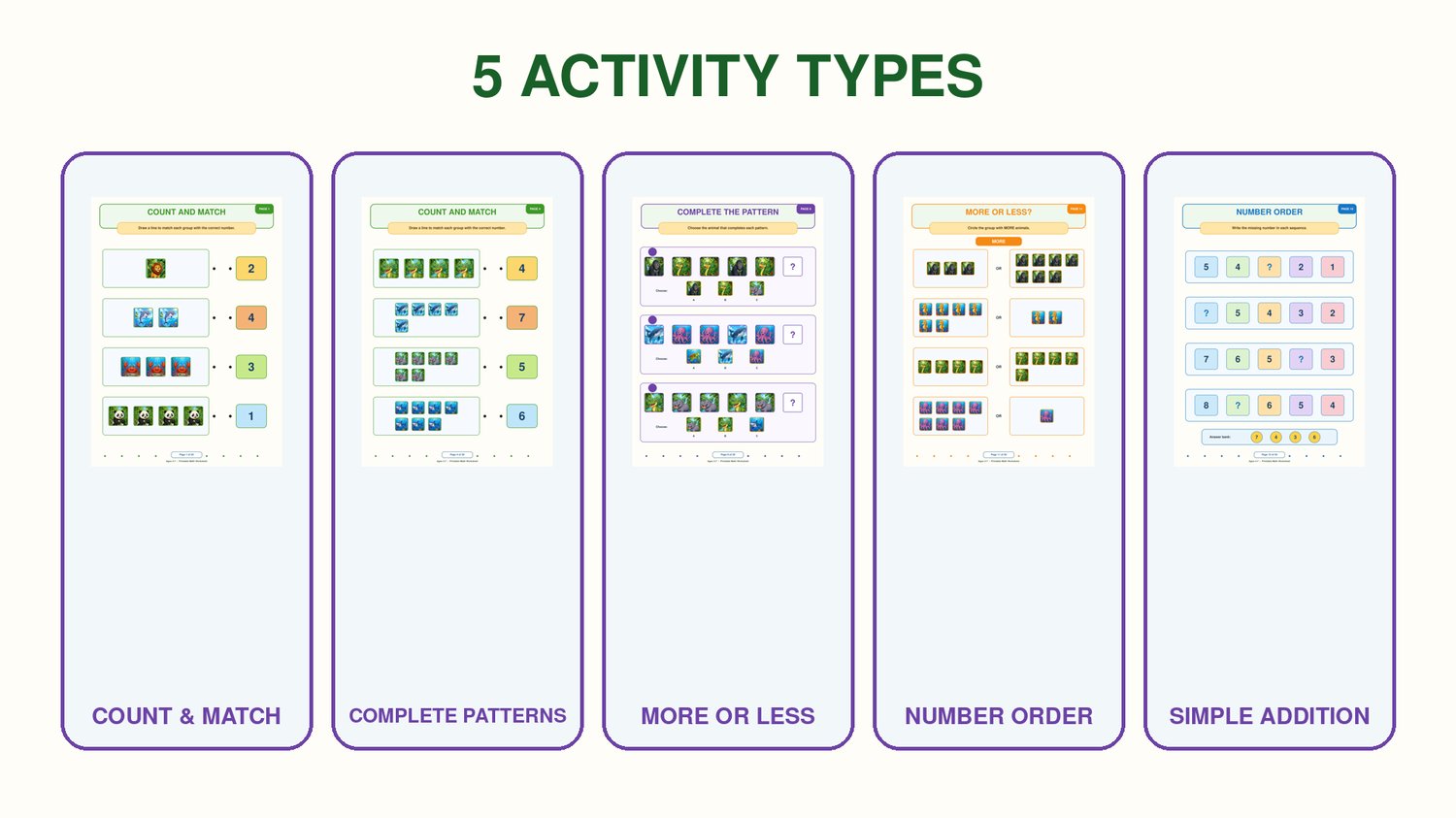 Five animal-themed preschool math activity types: count and match, patterns, more or less, number order, and simple addition.