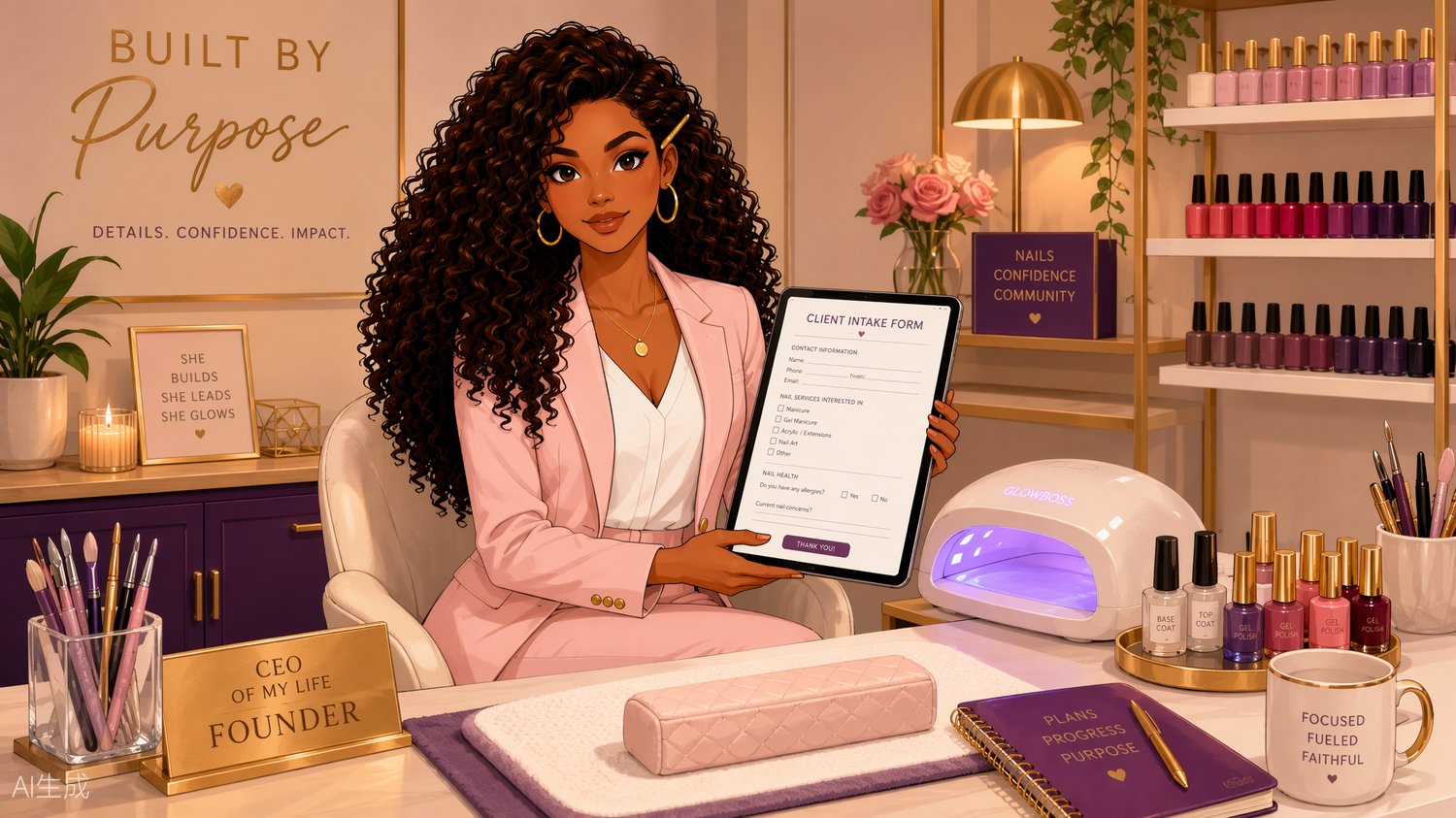 Black woman nail salon owner managing her client intake form and booking calendar from her styled nail tech workstation.