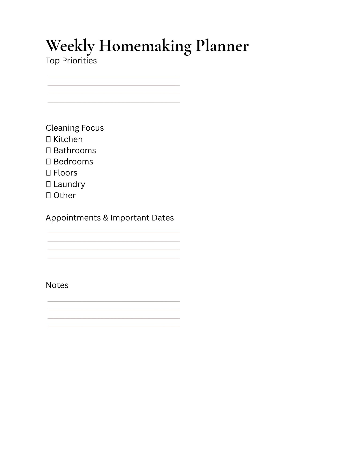 Inside the 60-page Homemaker's Household Management Planner printable PDF featuring cleaning schedules, meal planners, grocery lists, and household management worksheets.