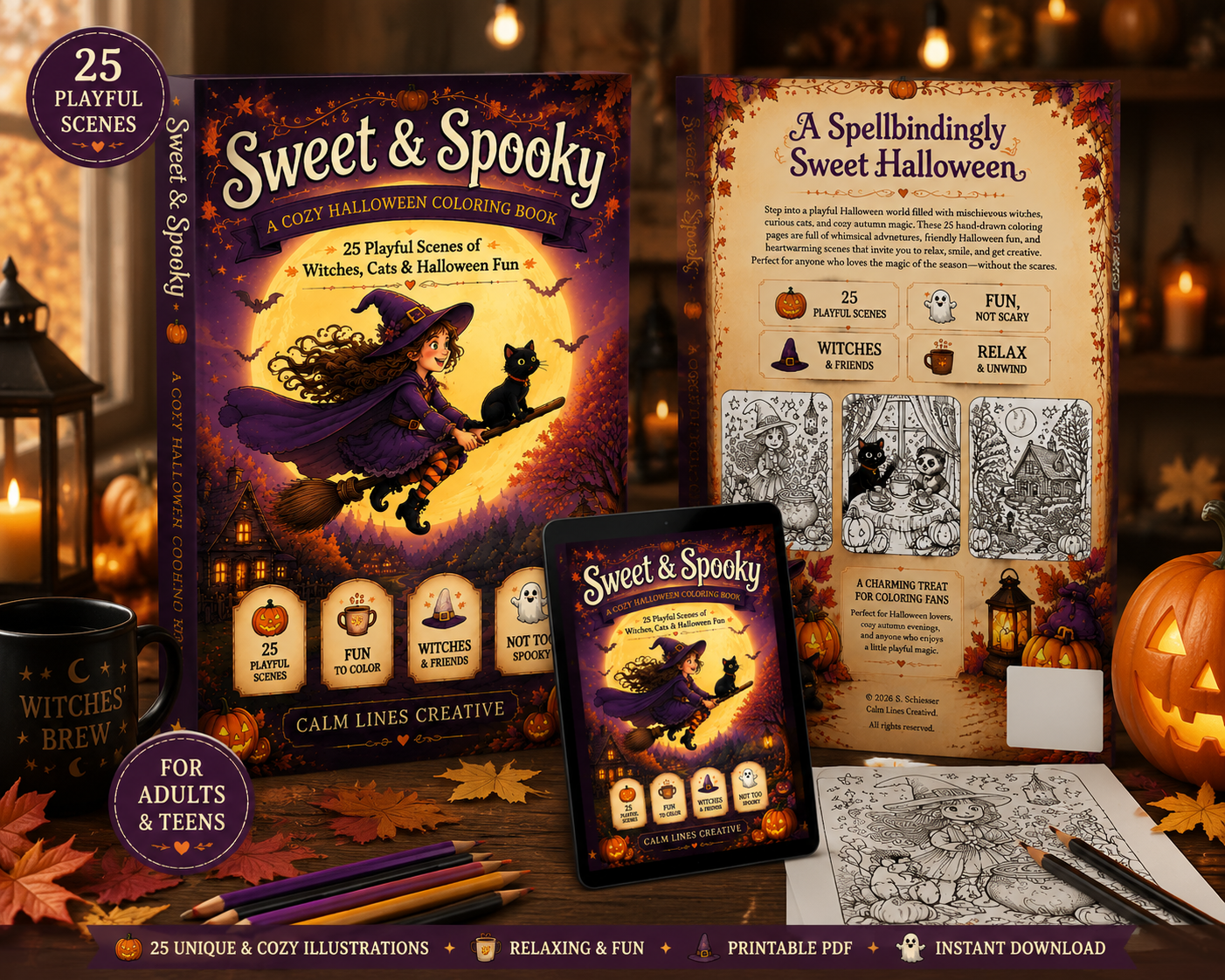 Sweet & Spooky Cozy Halloween Coloring Book printable PDF featuring witches, cats, pumpkins and playful autumn coloring pages for adults and teens.