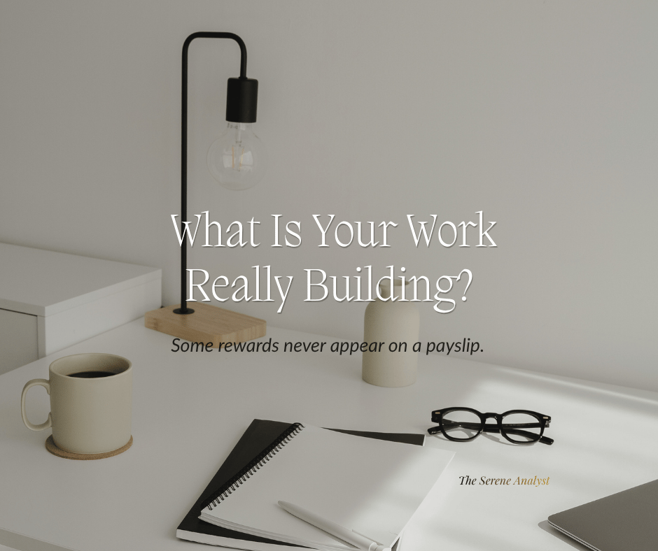 Minimalist workspace with a notebook, pen, coffee mug, glasses and desk lamp beside the title 