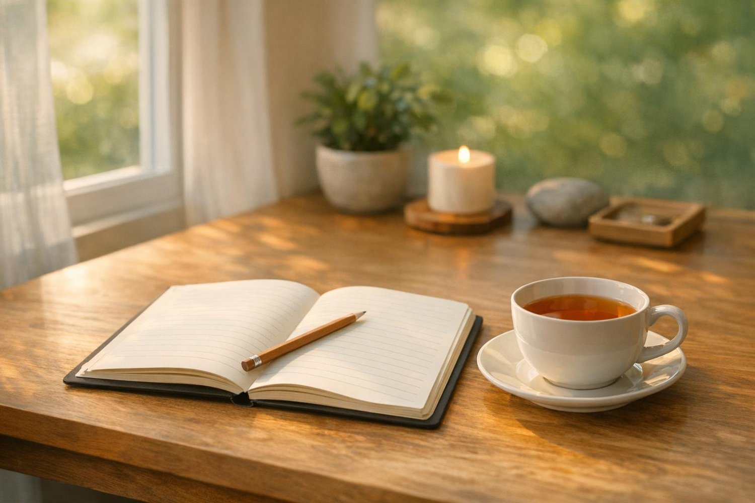 A minimalist wooden desk beside a sunlit window with a cup of tea and an open notebook, symbolising stillness, intentional living, creating margin in everyday life, and finding clarity through quiet reflection.